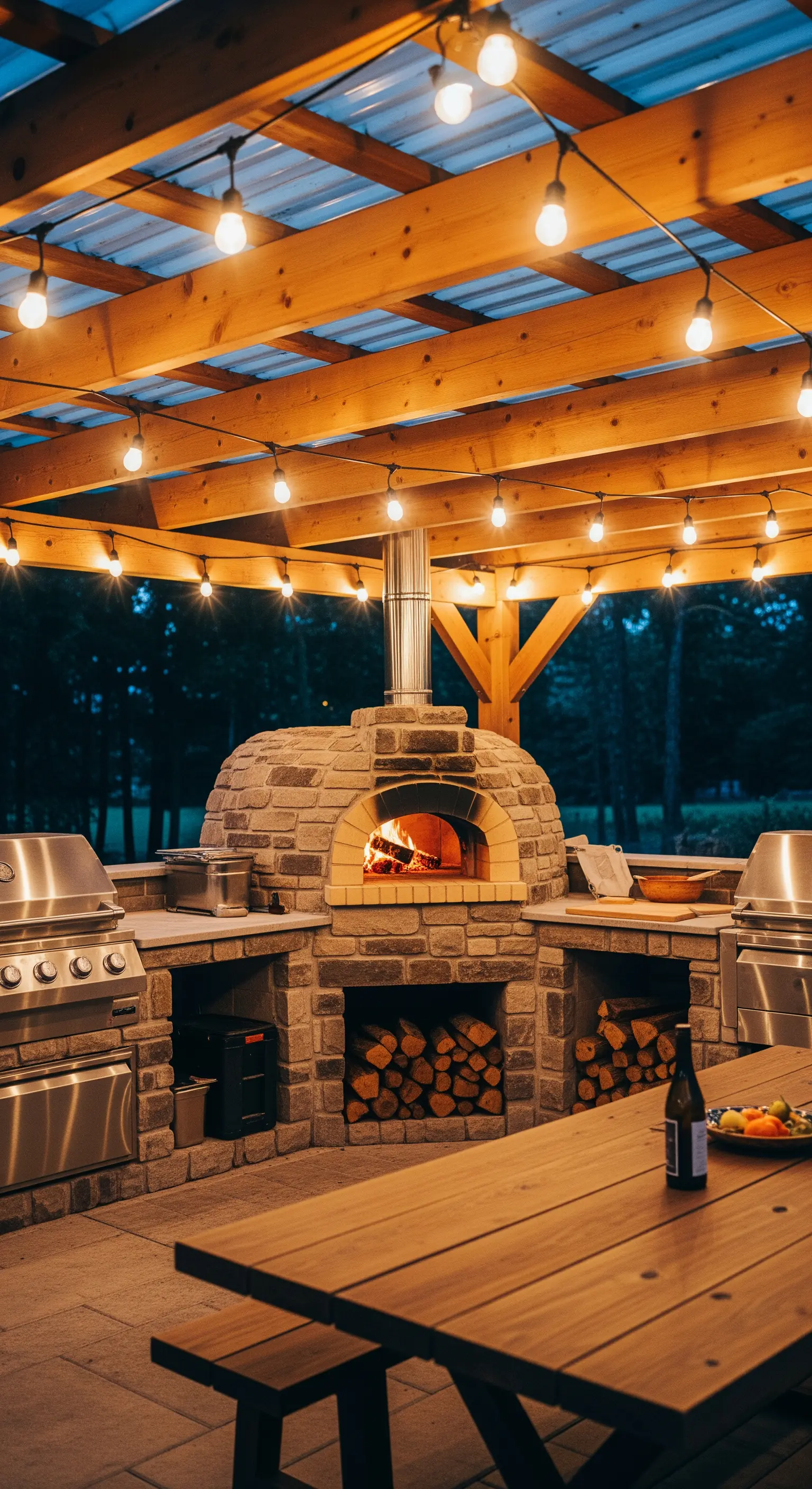 Cucina esterna con forno a legna in mattoni, illuminata da catenarie di lampadine.