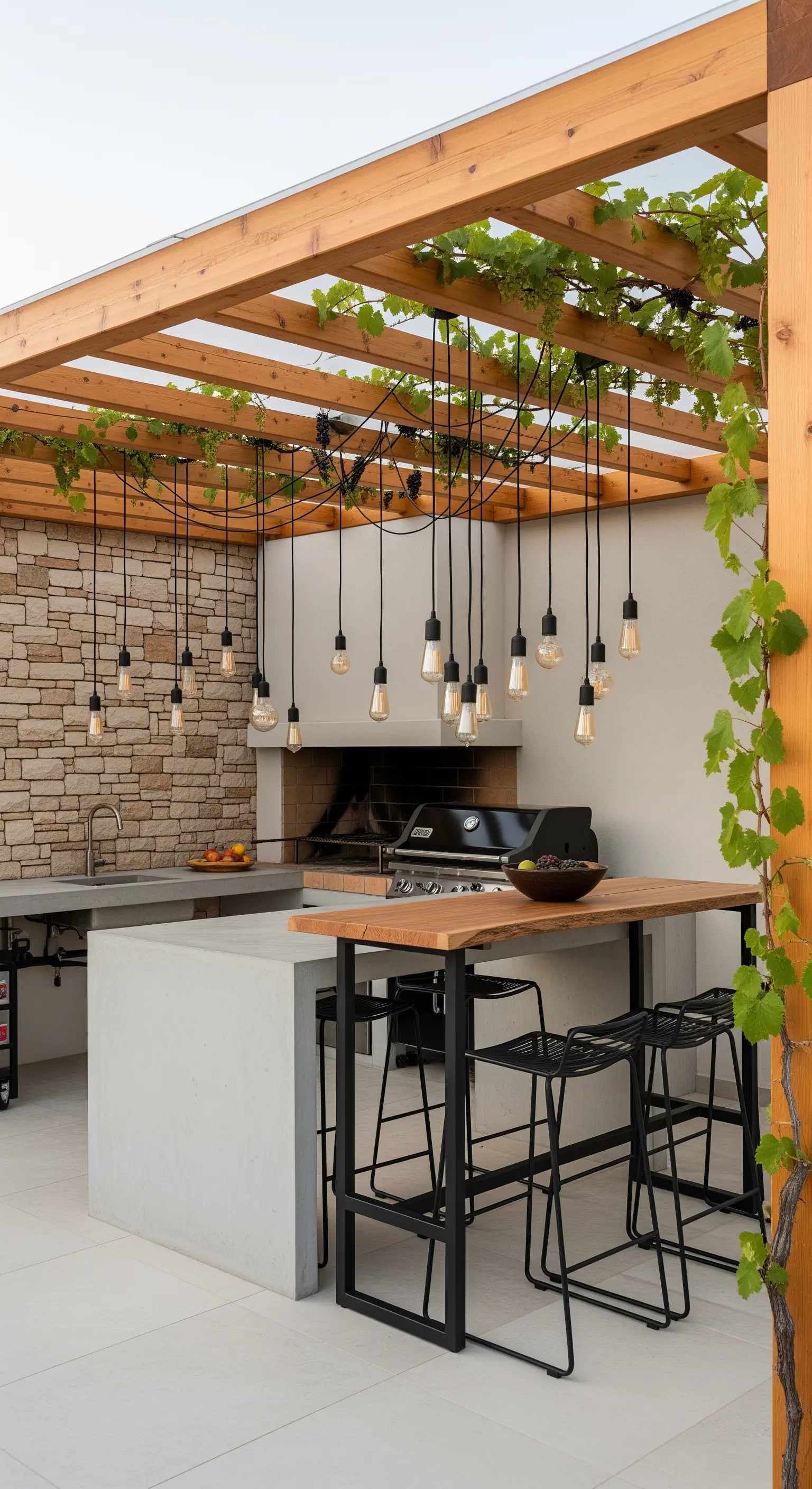 Cucina esterna moderna con isola in cemento e lampadine a filamento sospese