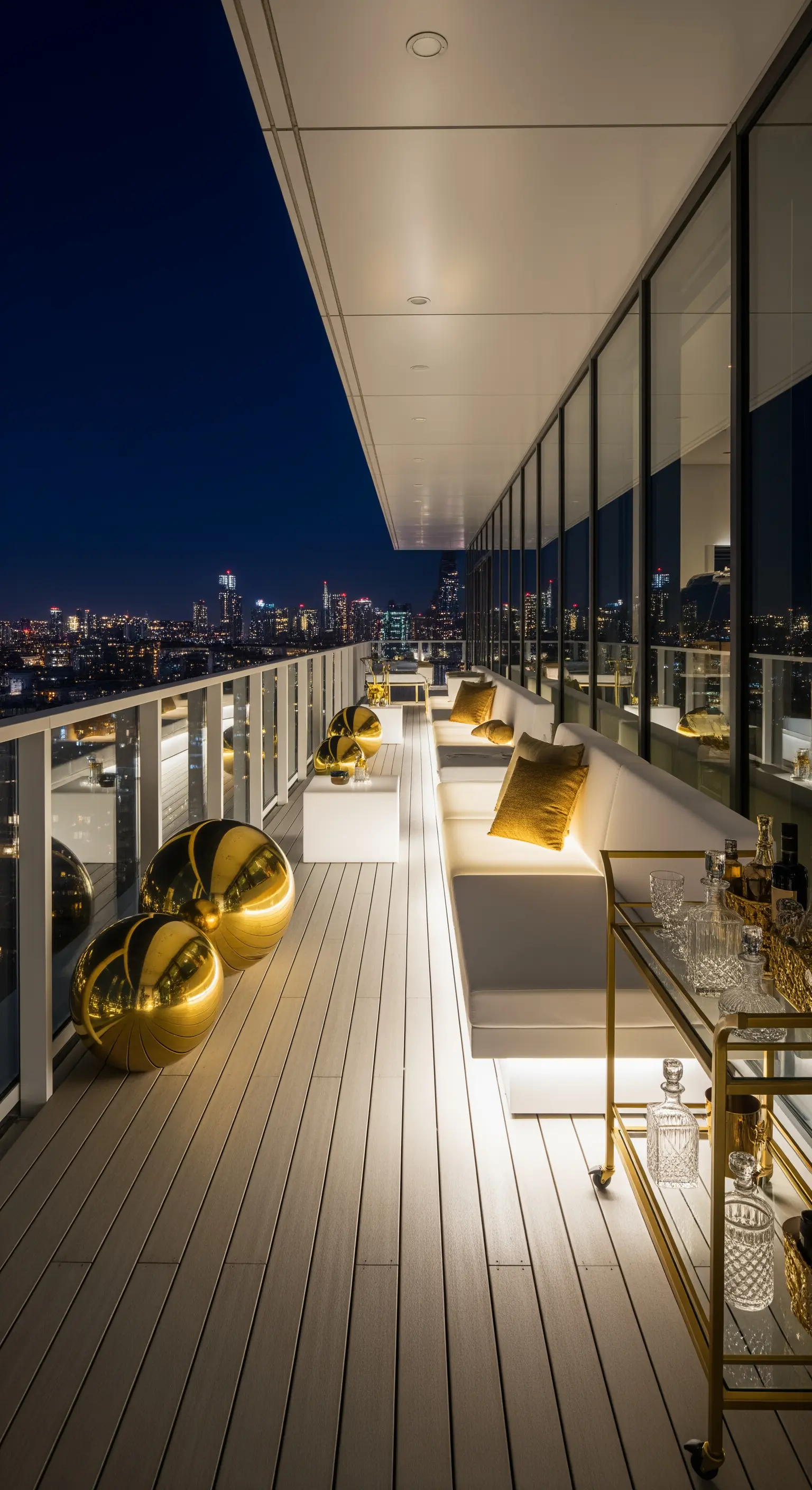 Lungo balcone notturno con divano bianco illuminato da una striscia LED alla base e sfere dorate.