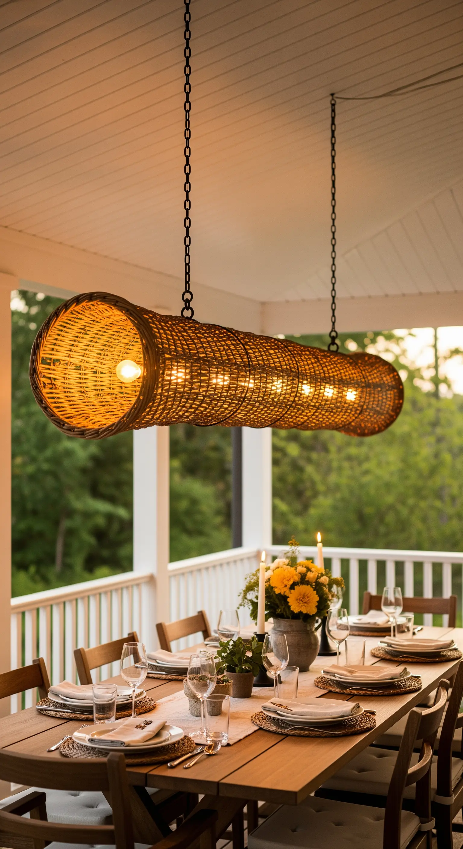 Lungo lampadario cilindrico in vimini con più lampadine sopra un tavolo da esterno.