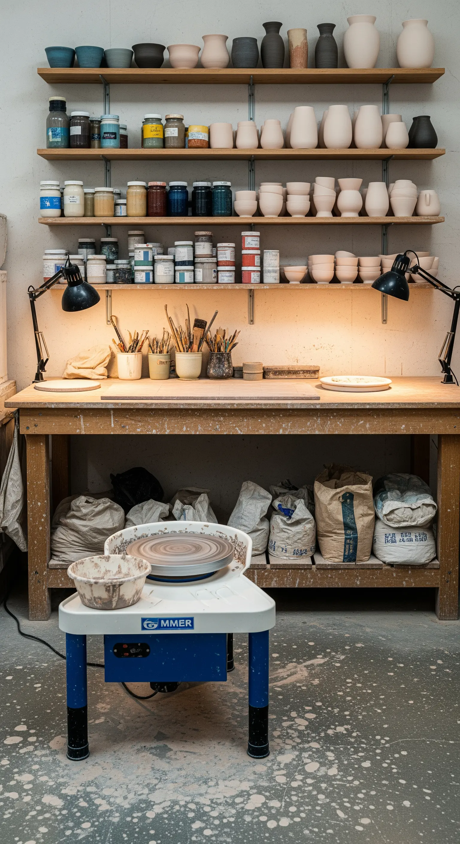 Laboratorio di ceramica con tornio, mensole in legno e due lampade da lavoro nere.