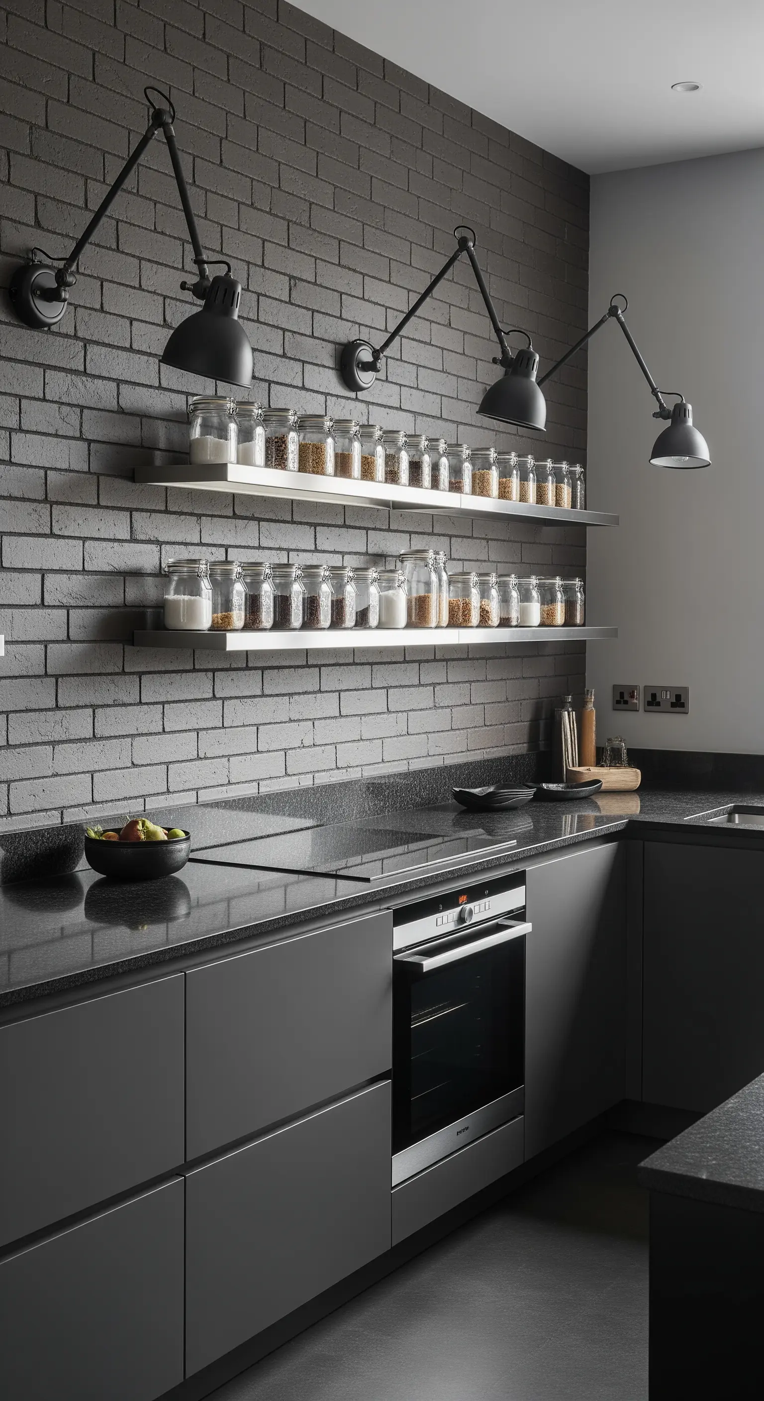 Cucina total black con lampade da parete orientabili sopra le mensole.