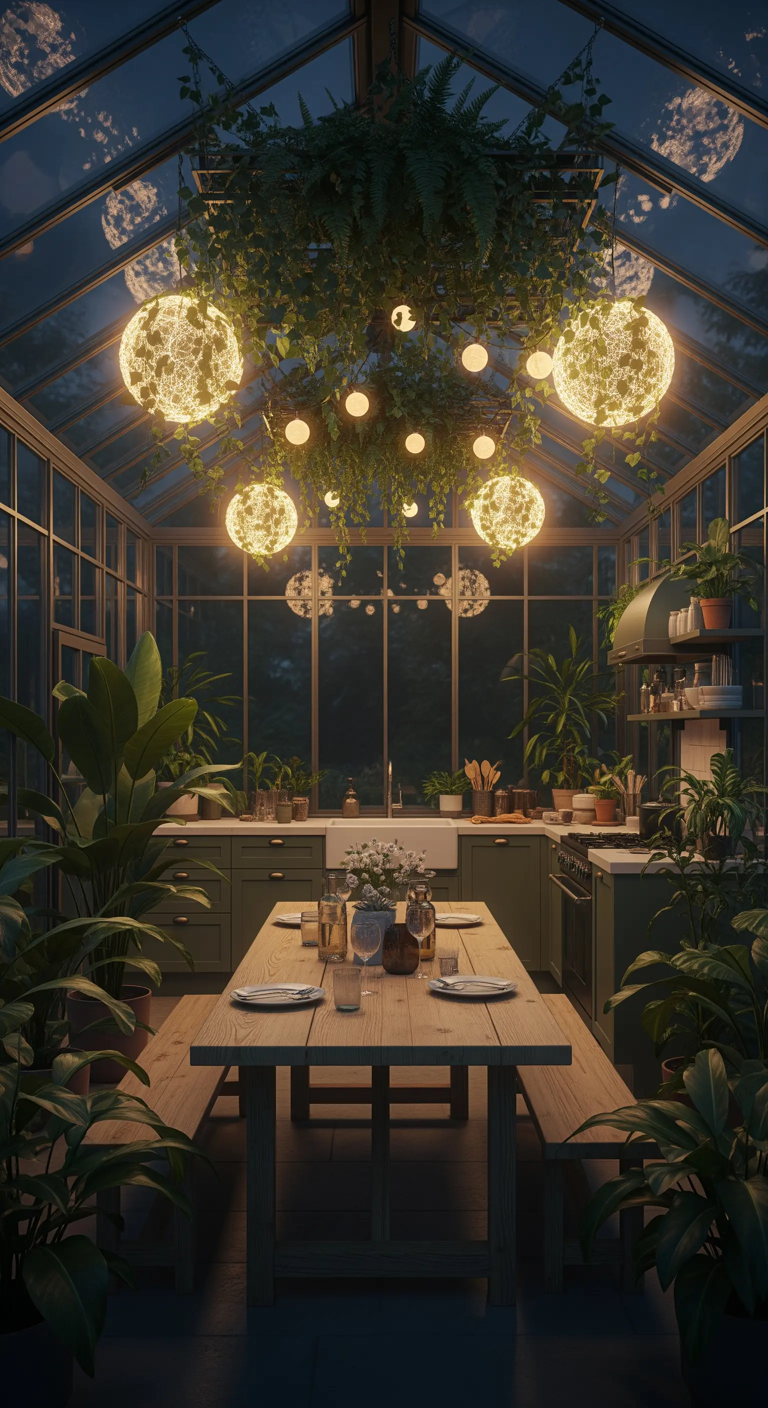 Cucina in una serra di vetro circondata da piante, con lampade sferiche avvolte dal verde.