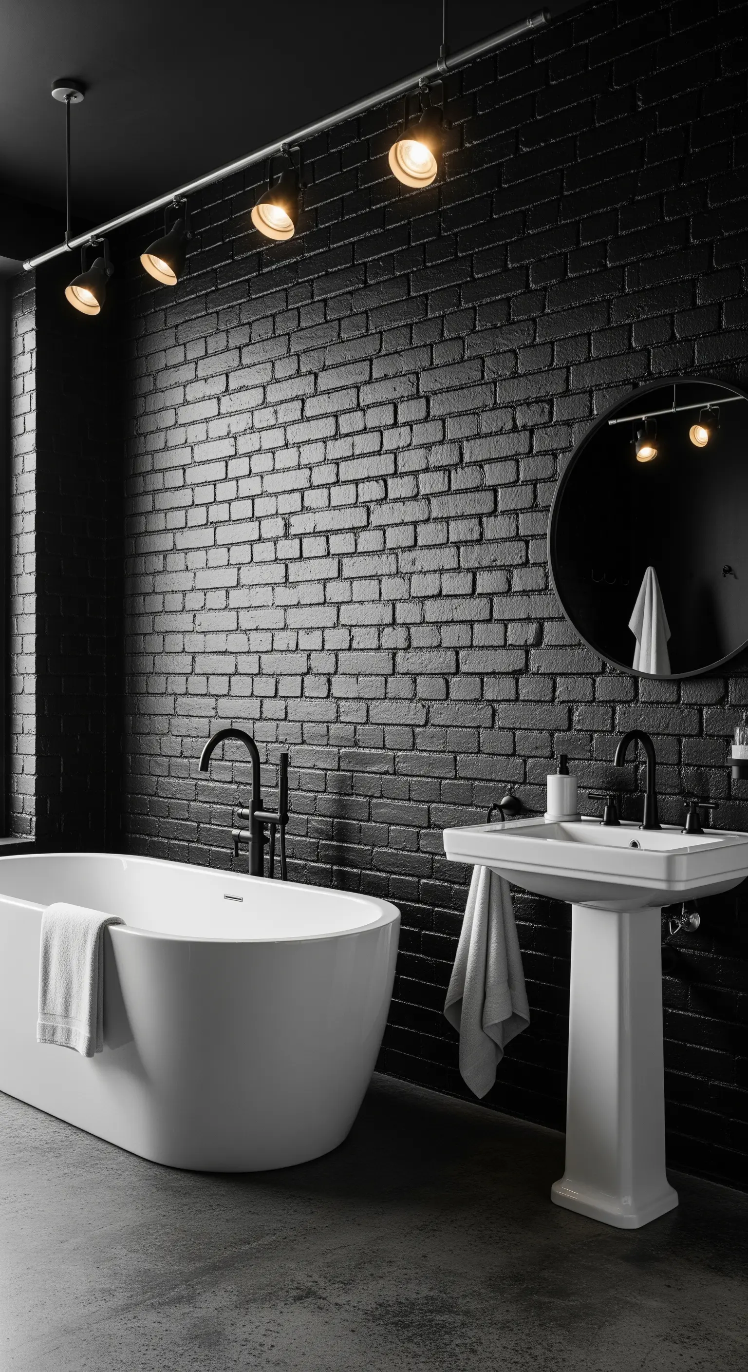 Bagno con pareti in mattoni neri, vasca bianca e illuminazione a binario sul soffitto.