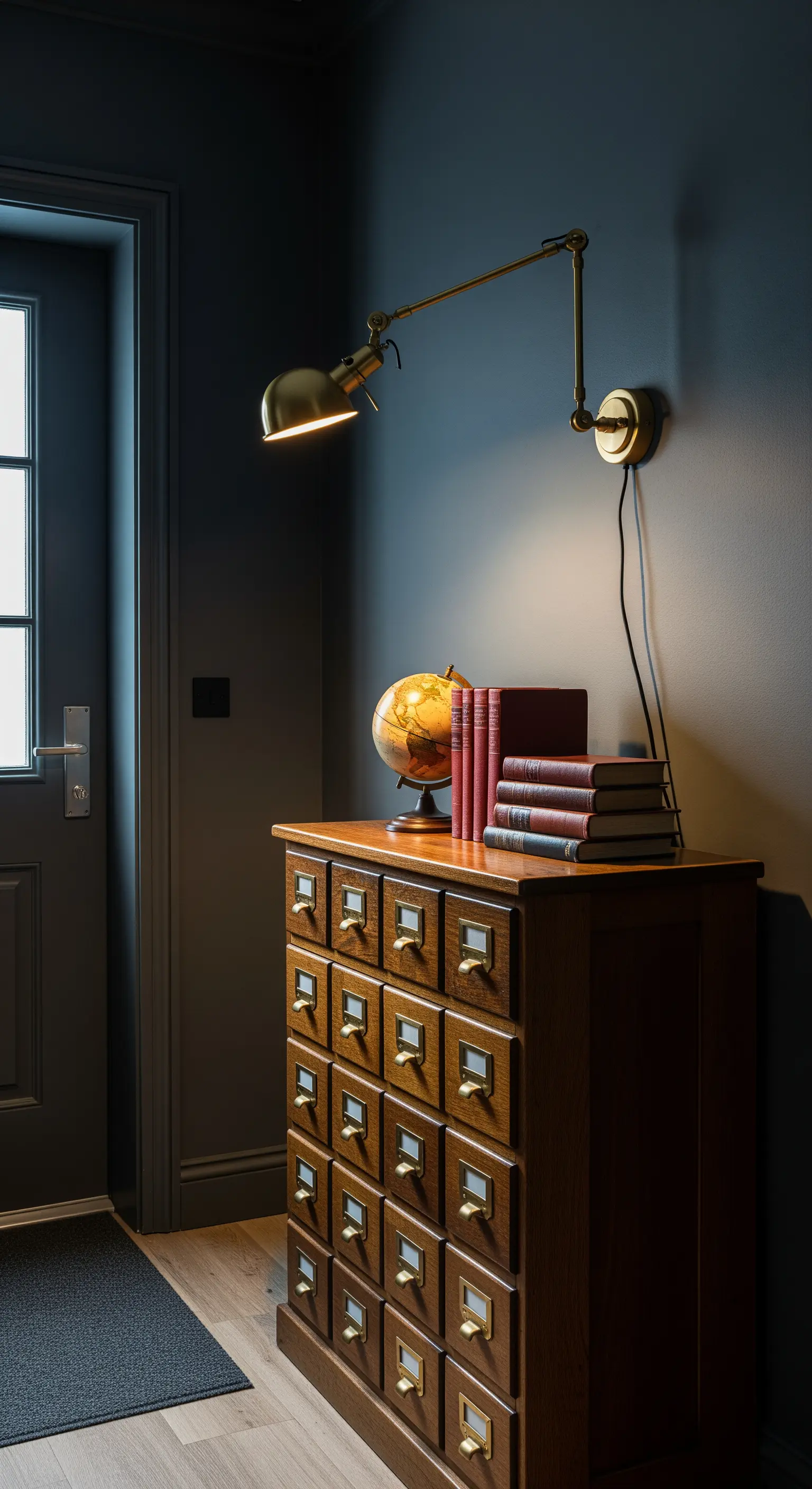 Mobile schedario vintage in un angolo buio, illuminato da una lampada da parete in ottone.