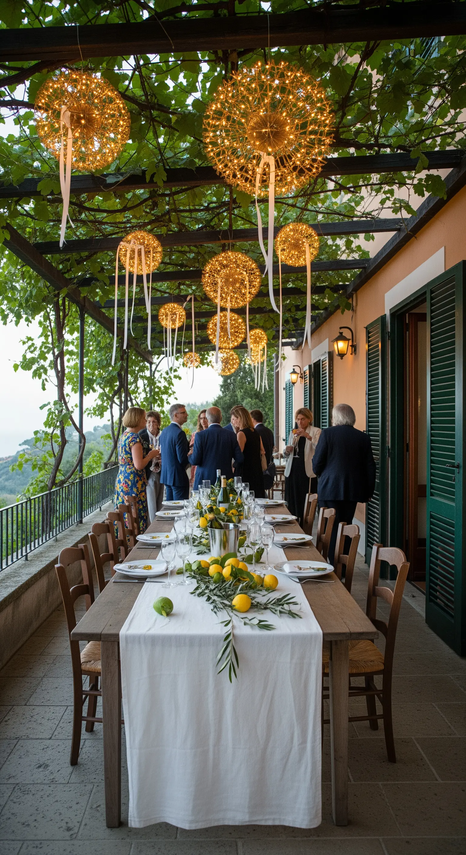 Tavolata per una festa con grandi sfere luminose dorate appese a un pergolato