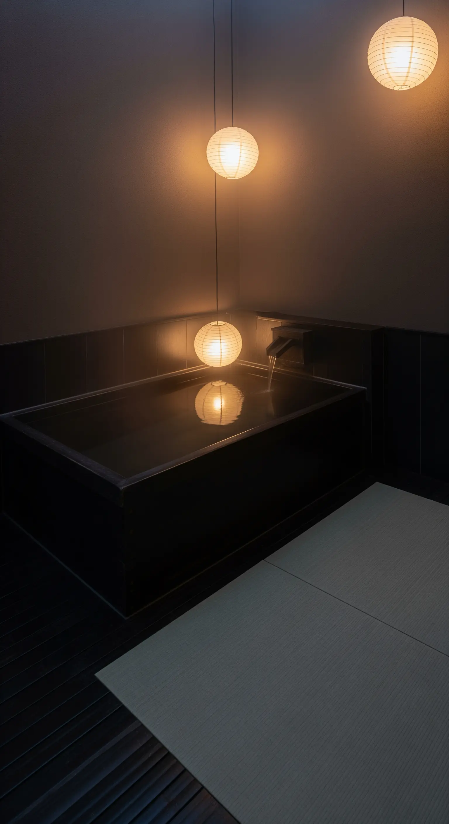 Vasca scura in un bagno buio, illuminata da tre lanterne di carta sospese.
