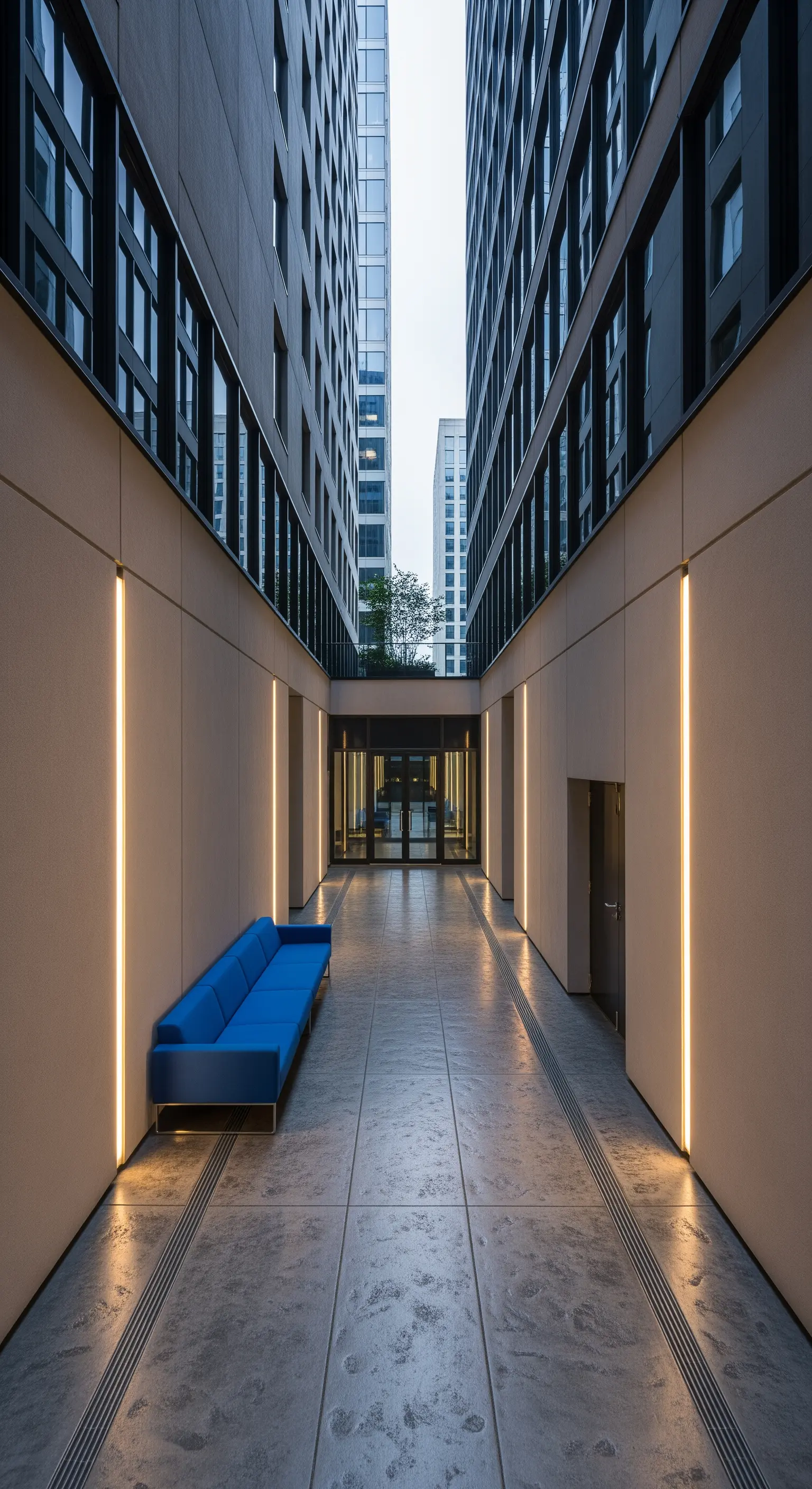 Corridoio urbano con pavimento in cemento, divano blu e pareti illuminate da strisce LED verticali