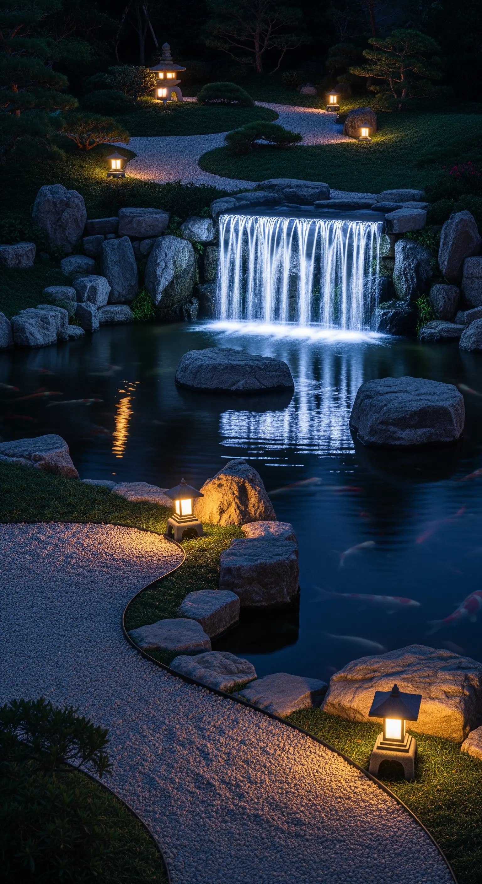 Giardino giapponese notturno con una cascata d'acqua illuminata e lanterne di pietra lungo il sentiero.