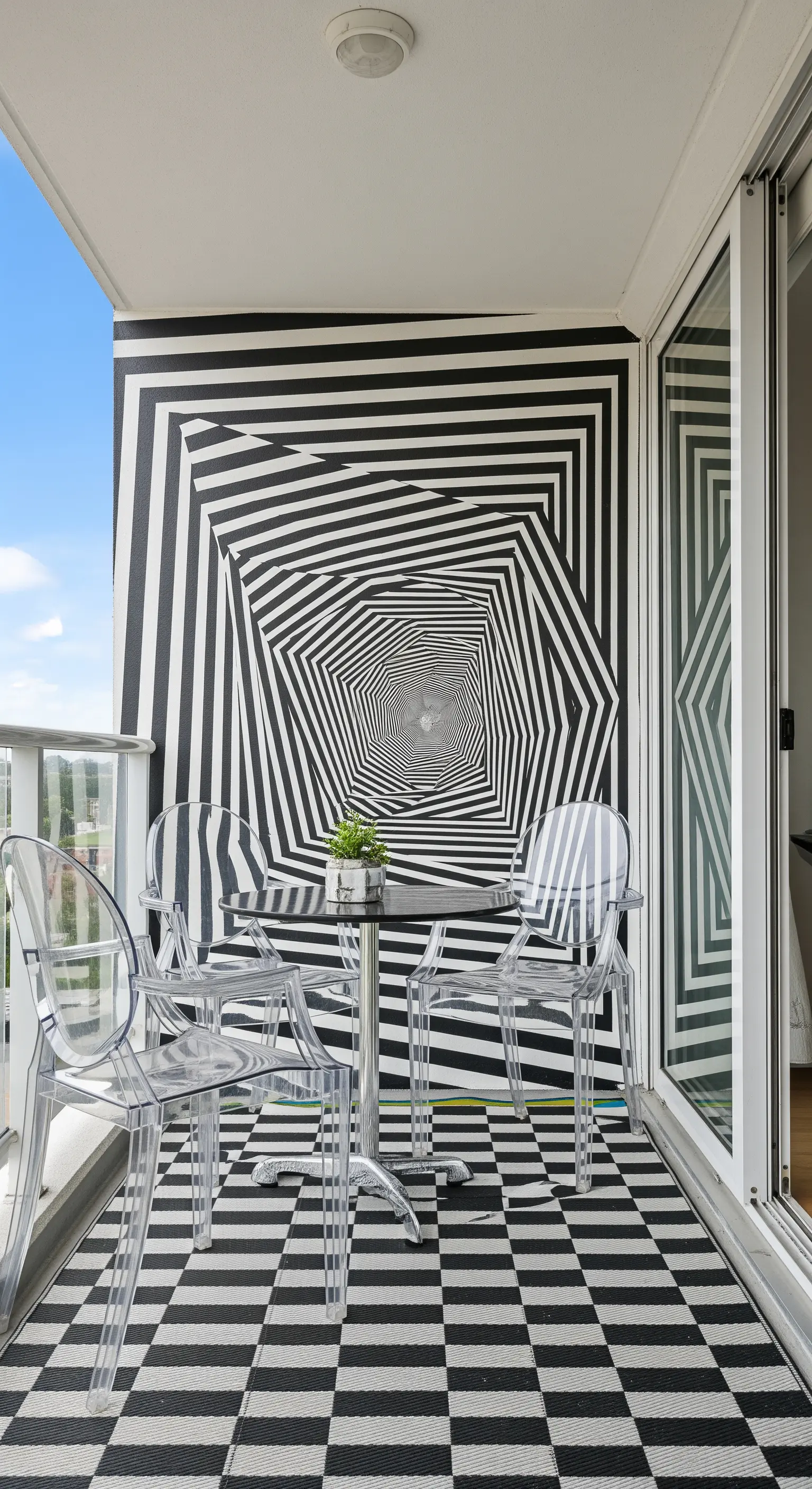 Balcone con murale optical in bianco e nero, sedie trasparenti e pavimento coordinato.