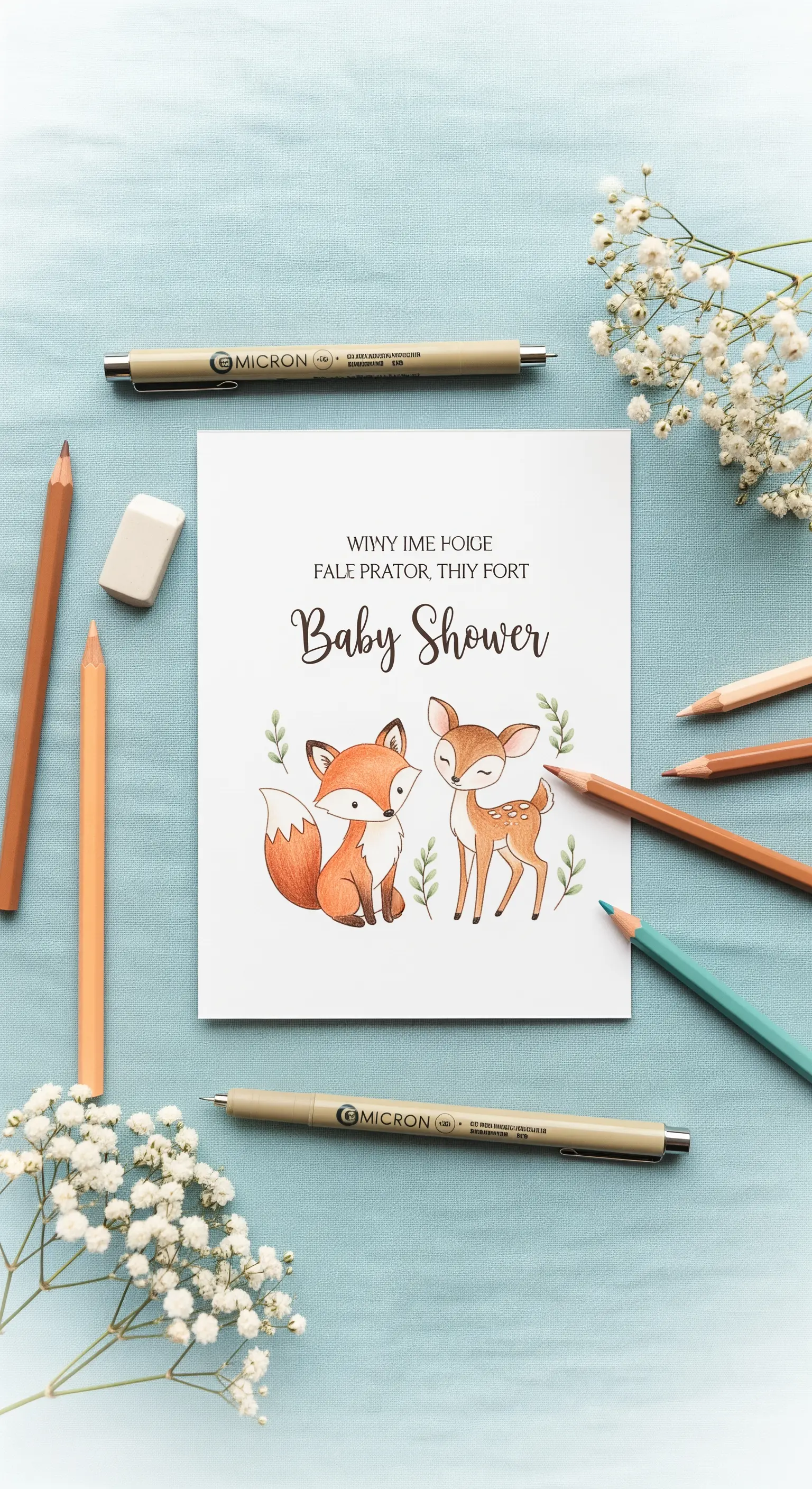 Invito per baby shower con disegni a matita colorata di una volpe e un cerbiatto.