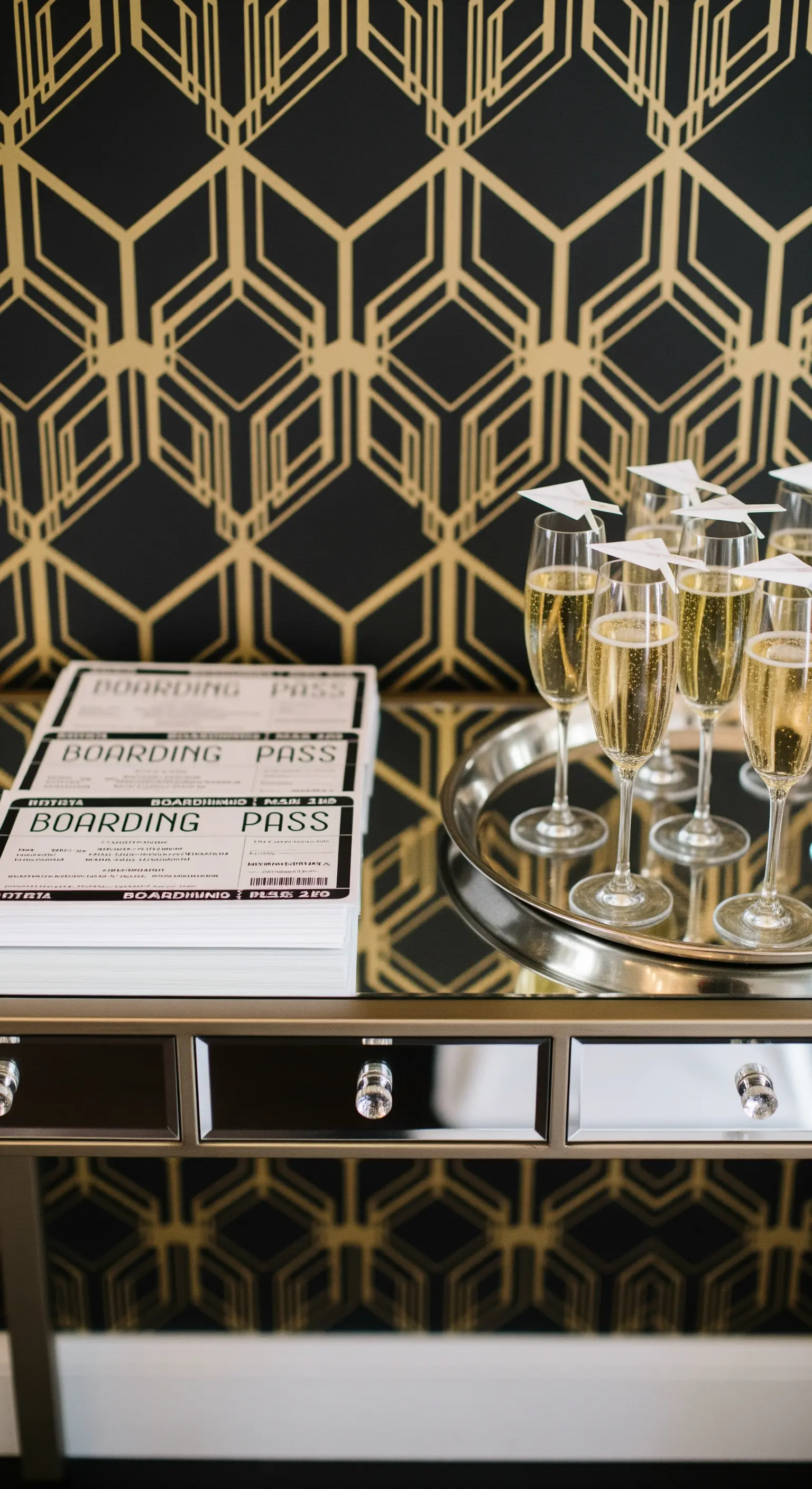 Stazione di benvenuto in stile Art Deco con biglietti 'Boarding Pass' e coppe di champagne.