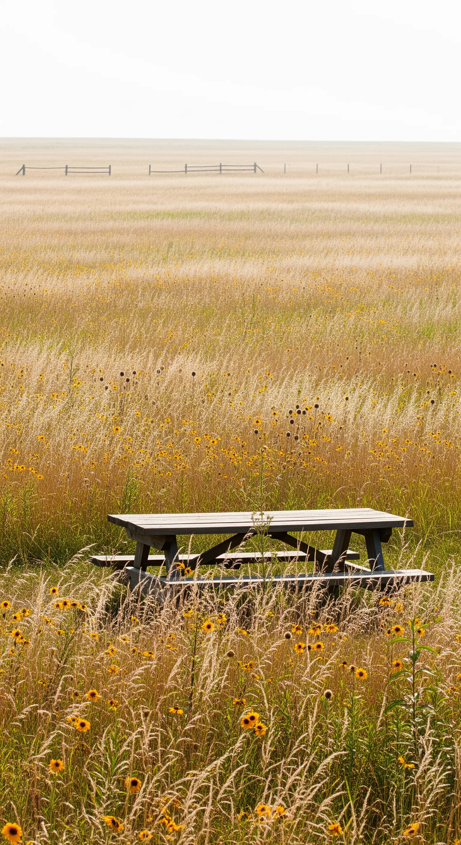 Tavolo da picnic in legno in un campo di erba alta dorata e girasoli selvatici.