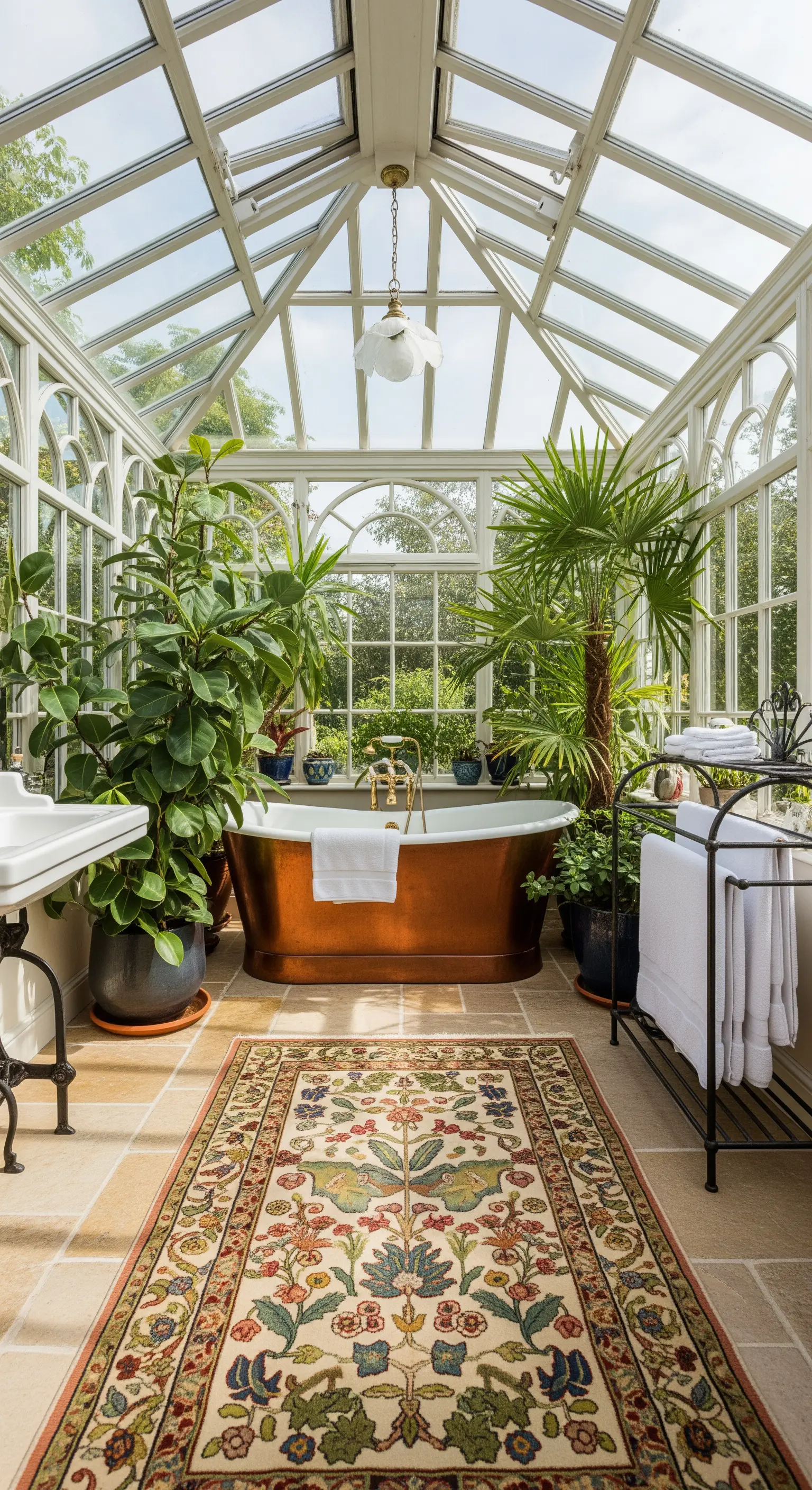 Bagno all'interno di una serra vetrata, con vasca in rame e grandi piante tropicali.
