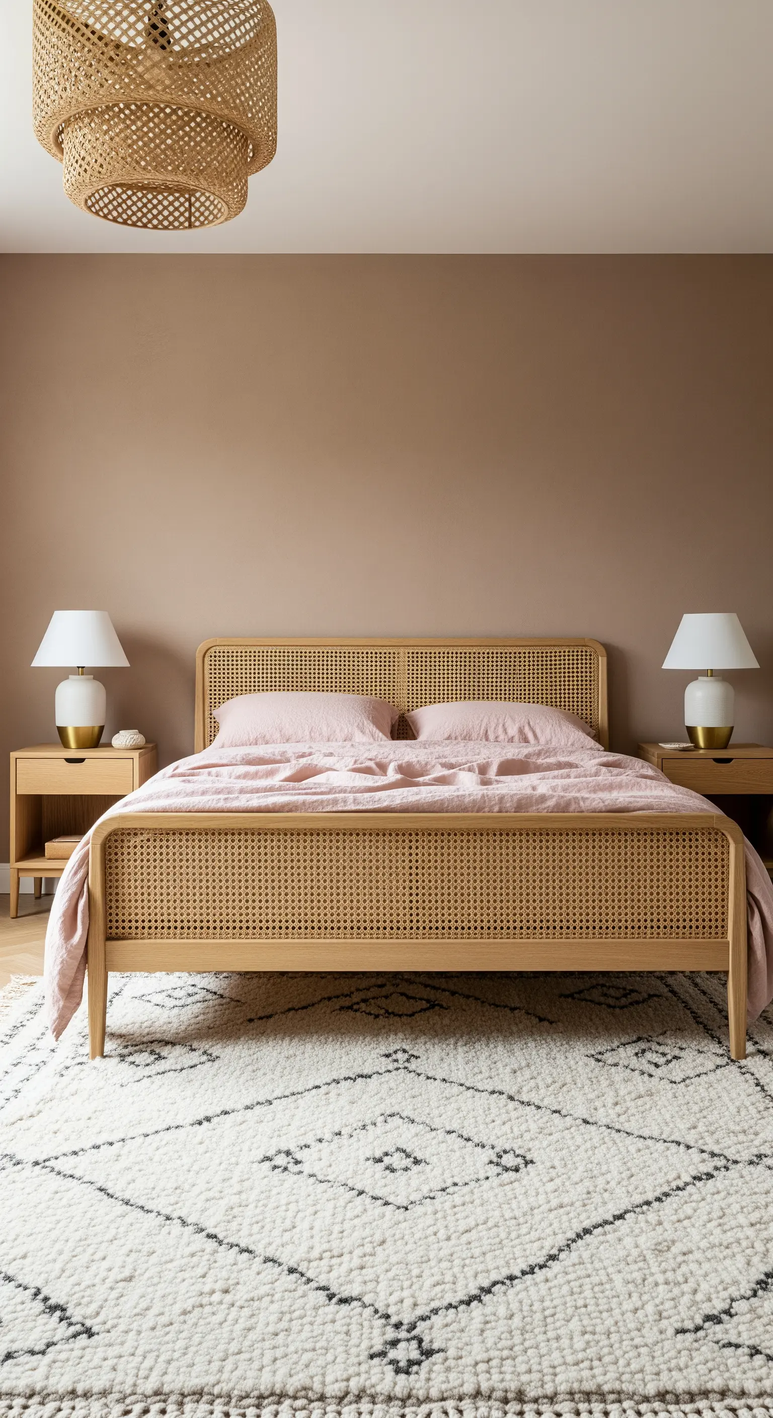 Letto in rattan con biancheria rosa in una camera con pareti color terra e tappeto berbero.