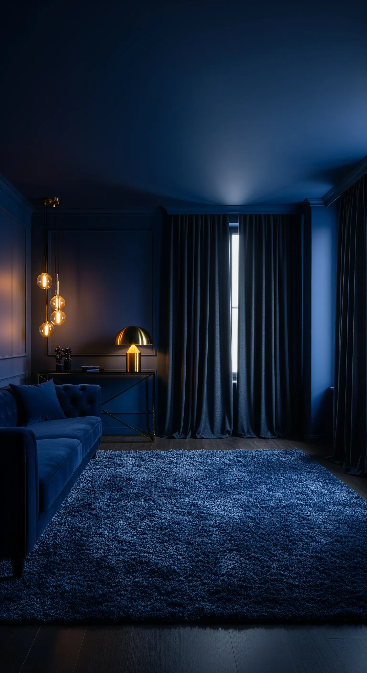 Stanza completamente blu notte con divano, pareti e tappeto coordinati e lampade dorate.