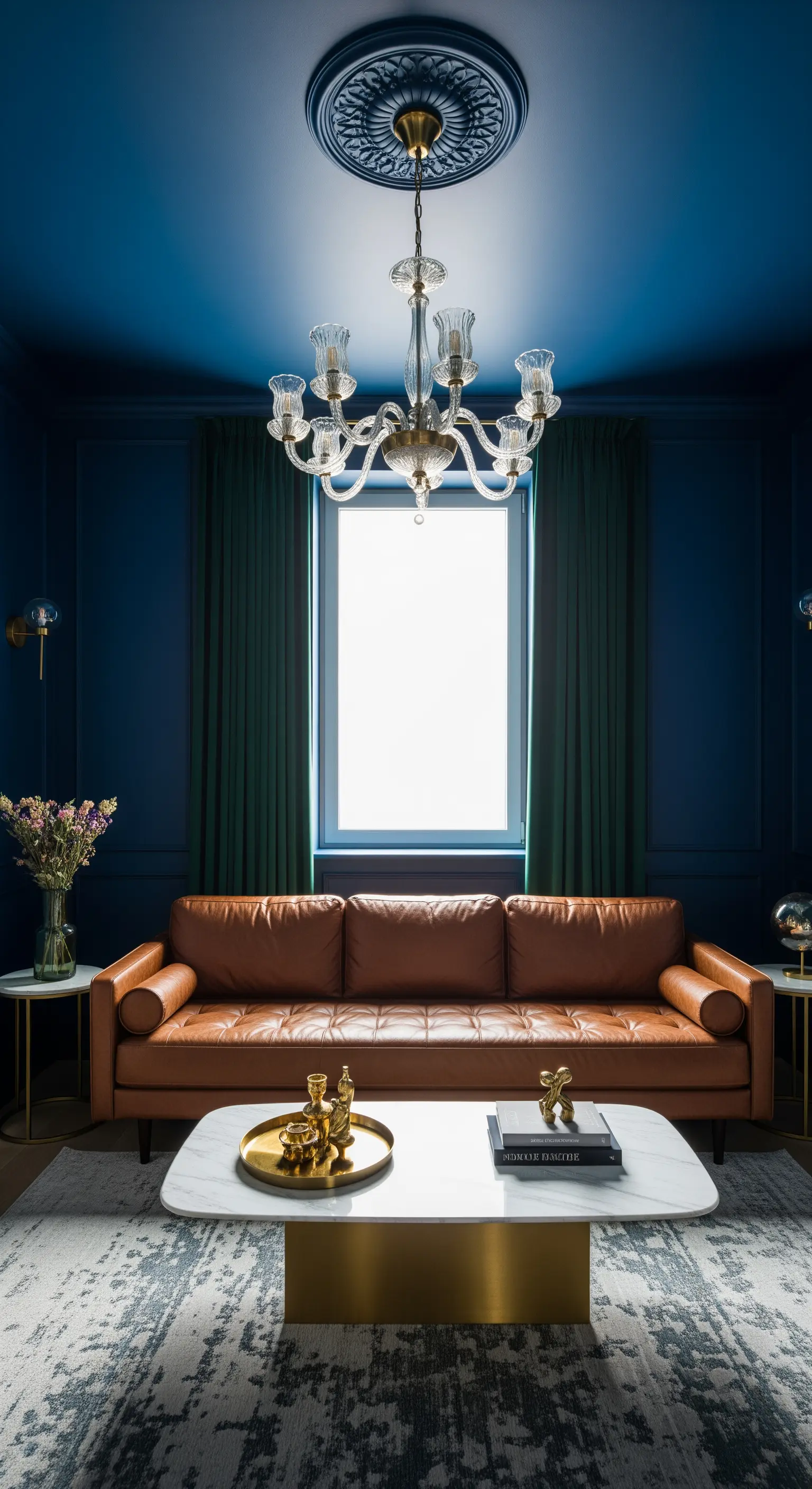 Salotto drammatico con pareti e soffitto blu, divano in pelle color cuoio e lampadario.