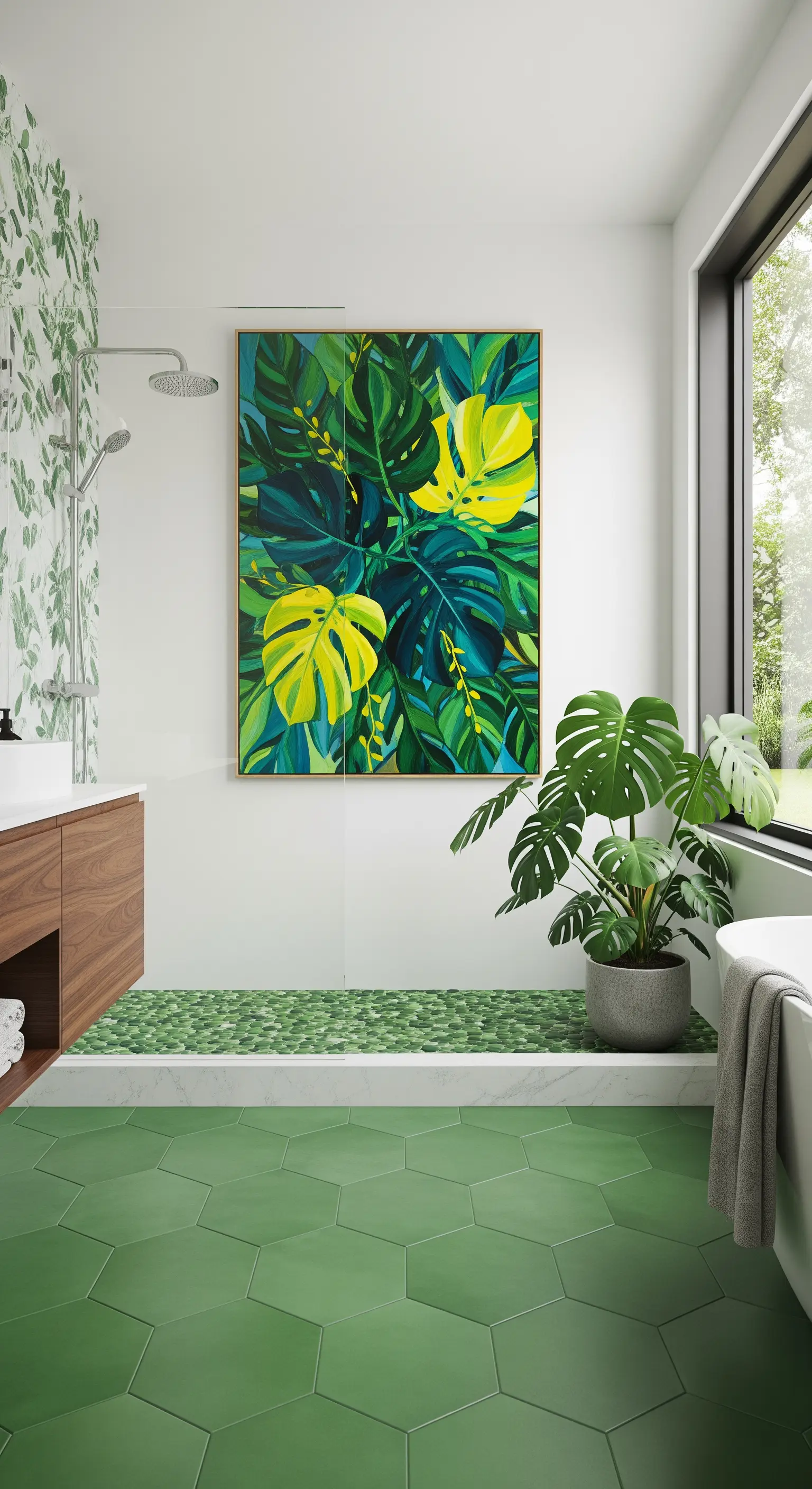 Bagno a tema botanico con piastrelle verdi esagonali e un quadro con foglie di Monstera.