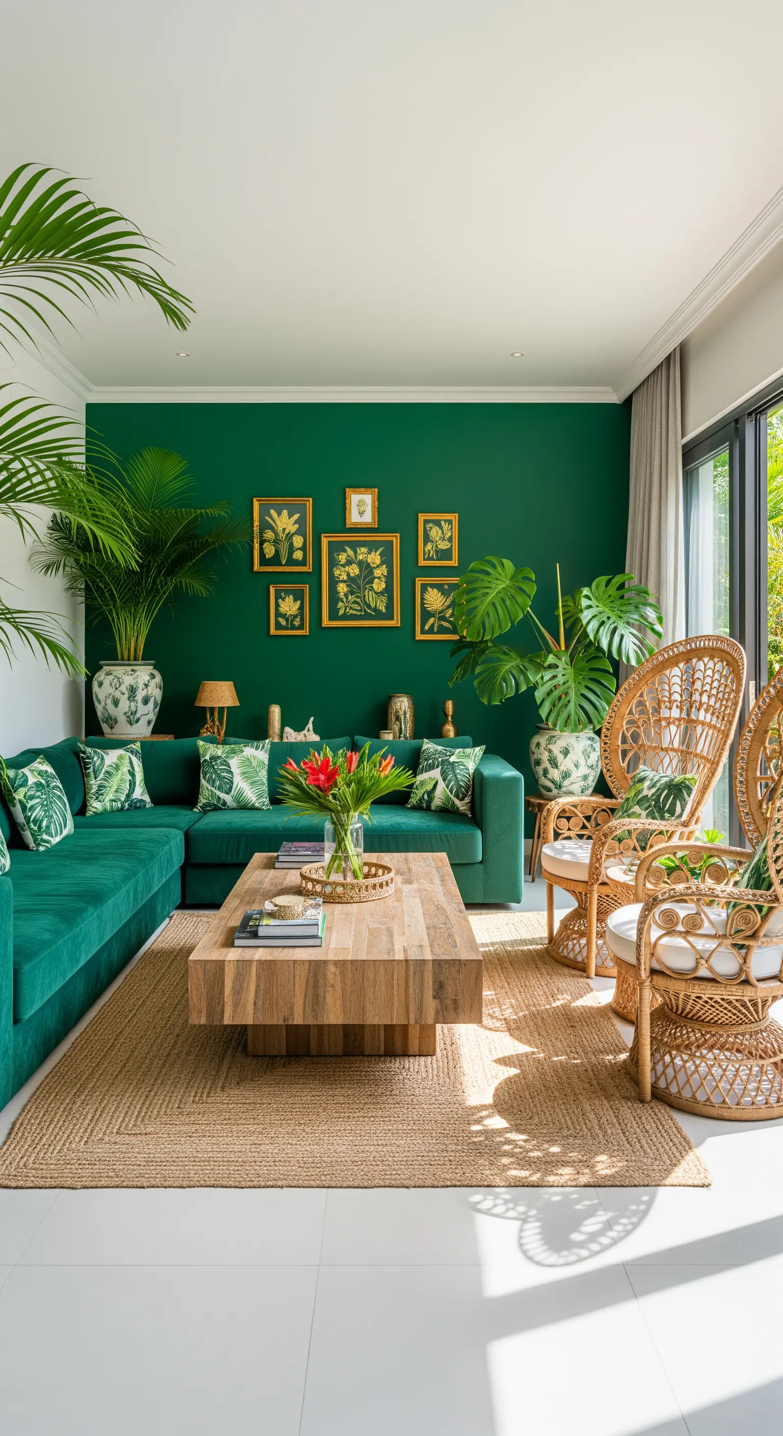 Soggiorno con parete e divano verde smeraldo, poltrone in rattan e tavolino in legno massiccio.