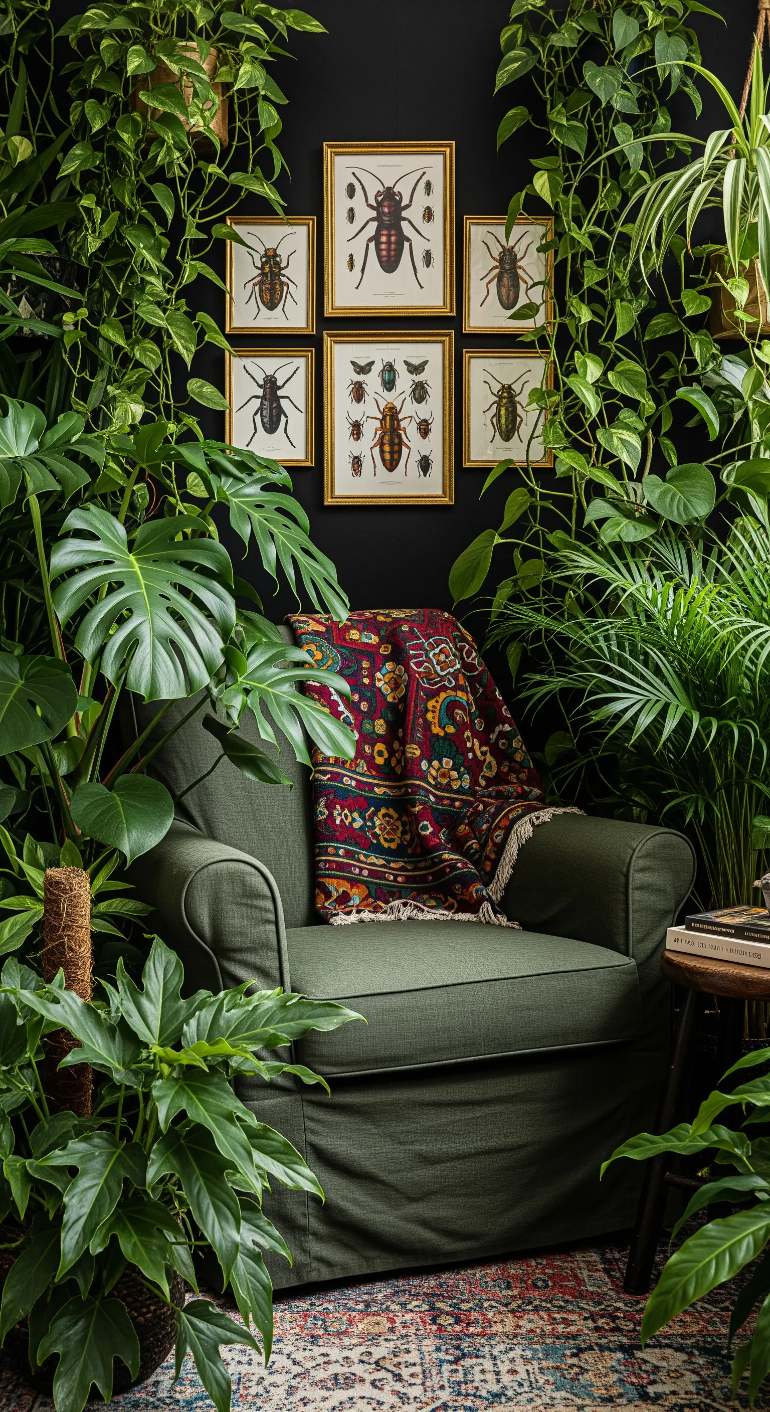 Poltrona verde scuro completamente circondata da piante lussureggianti, con quadri di insetti alla parete.