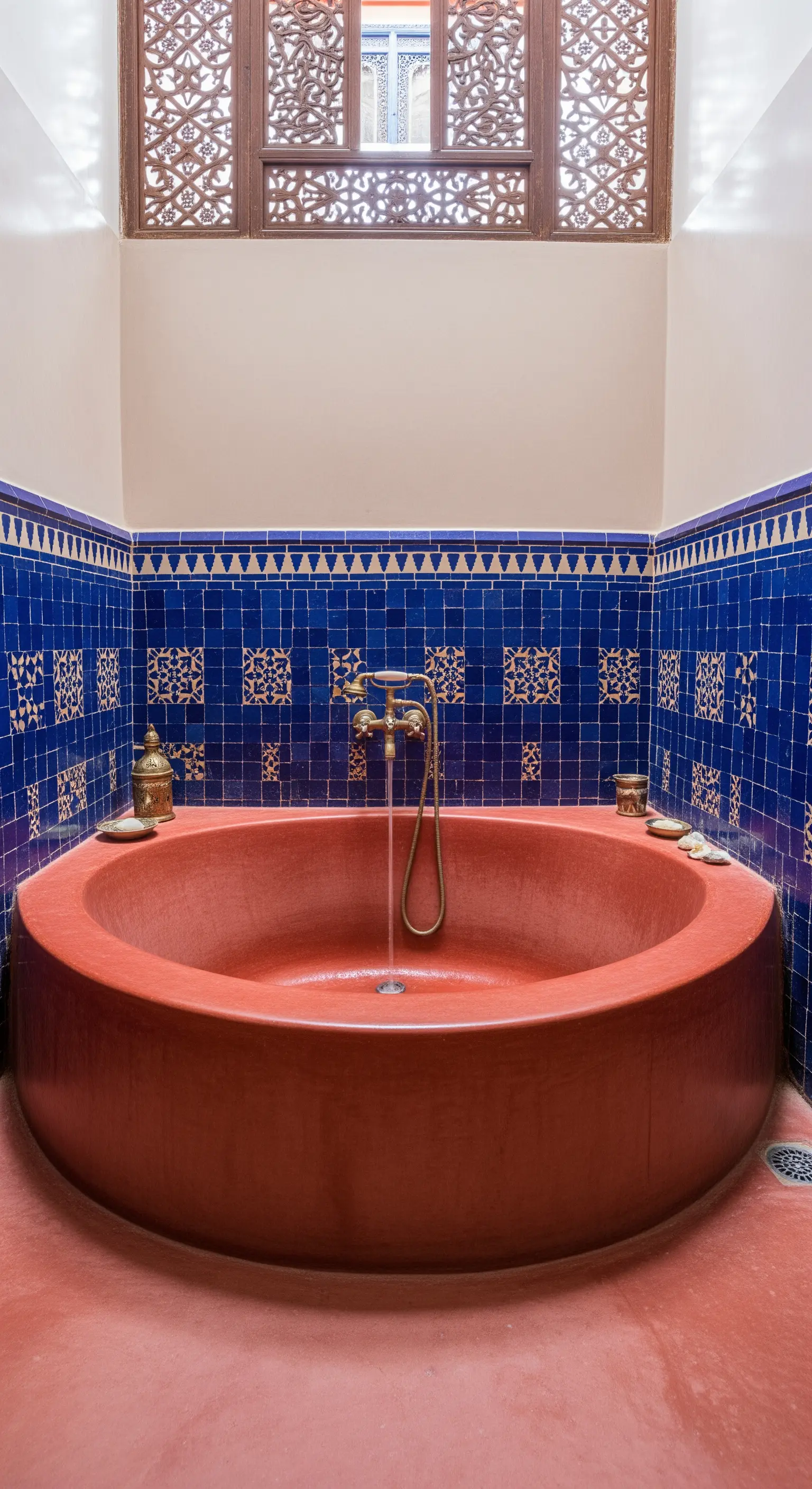Vasca circolare rossa in un bagno marocchino con piastrelle zellige blu.