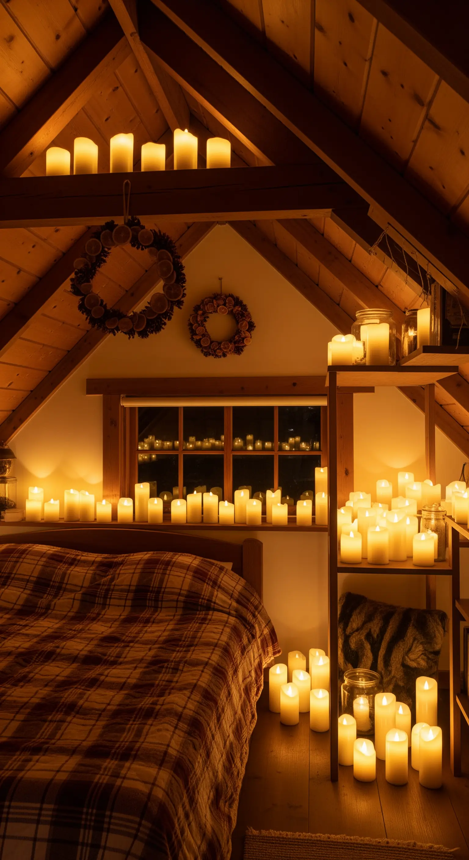 Mansarda in legno con un letto coperto da plaid e decine di candele LED accese ovunque.