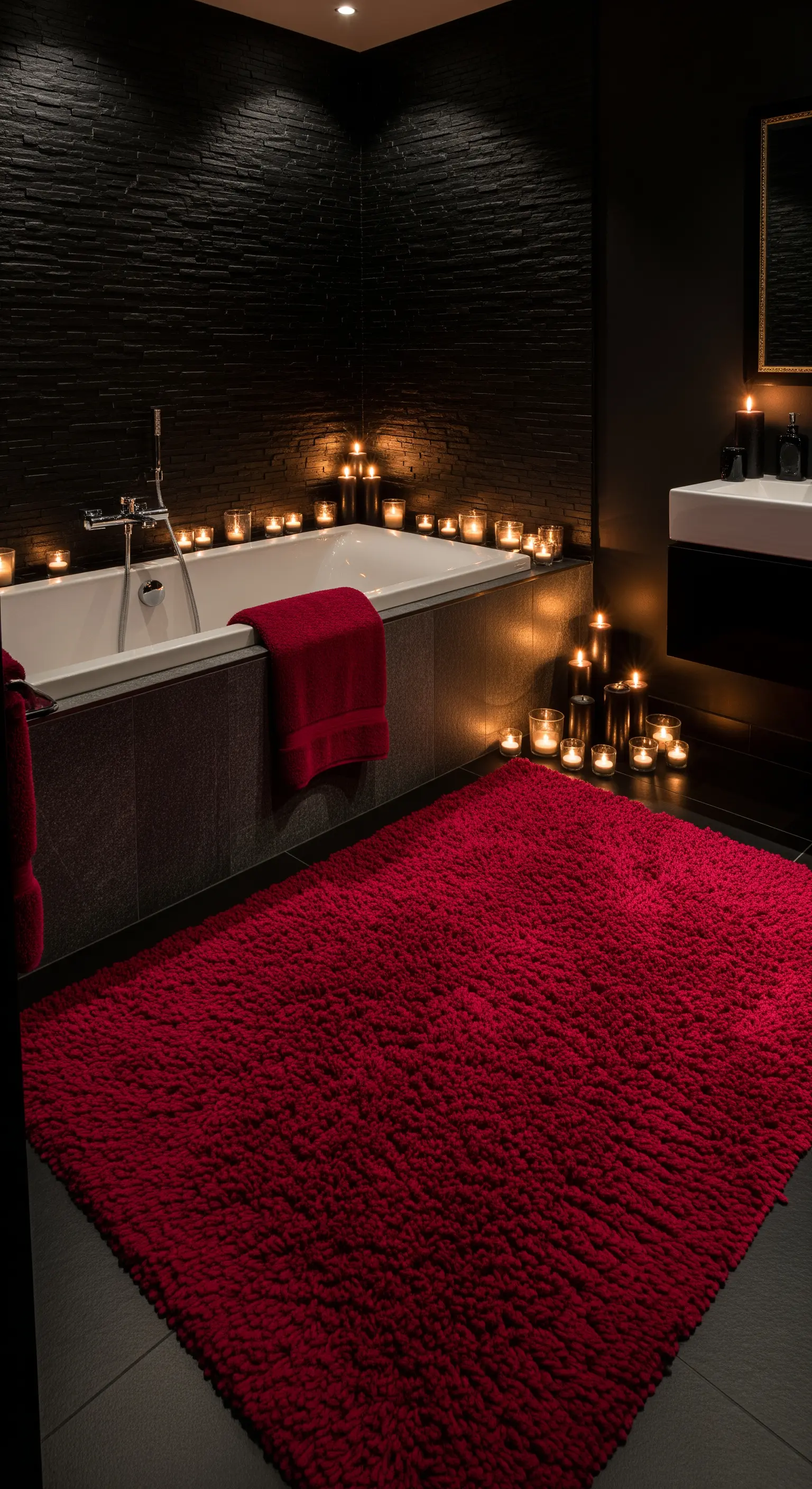 Bagno scuro con pareti nere, tappeto rosso a pelo lungo e molte candele accese.