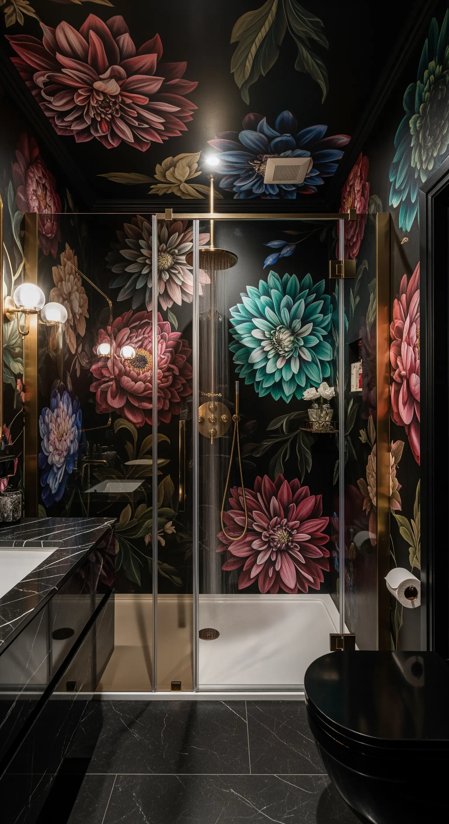 Bagno scuro con carta da parati floreale oversize, dettagli dorati e box doccia in vetro.