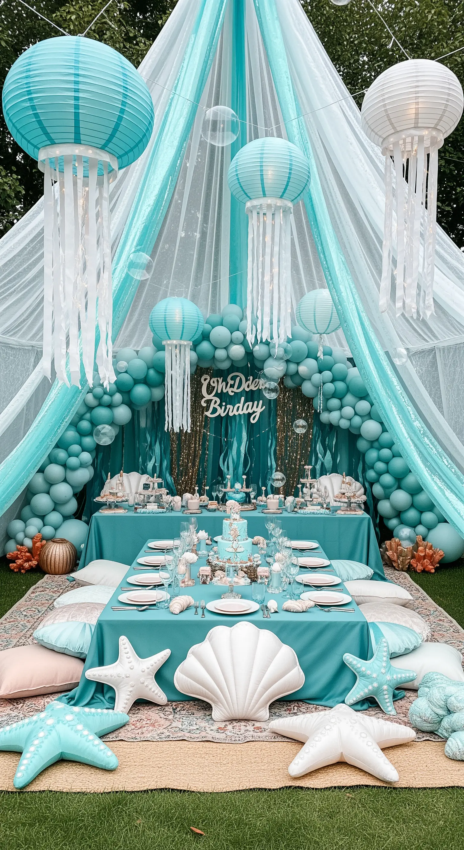 Allestimento a tema marino con drappi turchesi, lanterne a forma di medusa e palloncini.
