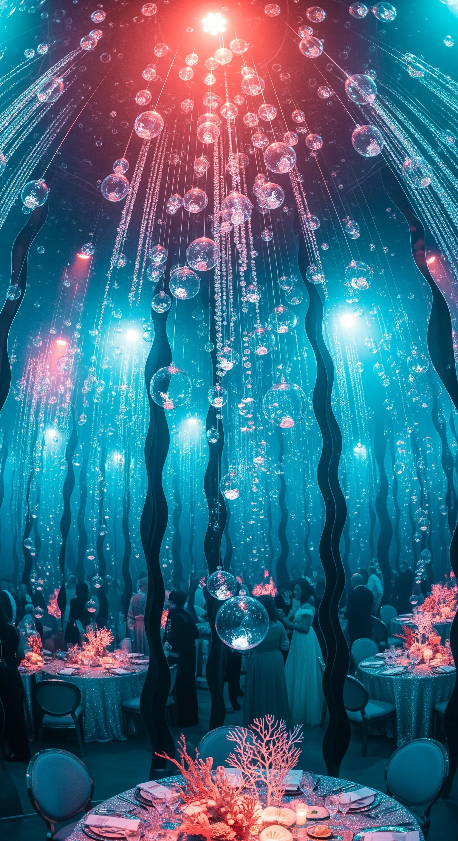 Festa a tema sottomarino con bolle di vetro sospese, luci blu e coralli come centrotavola.