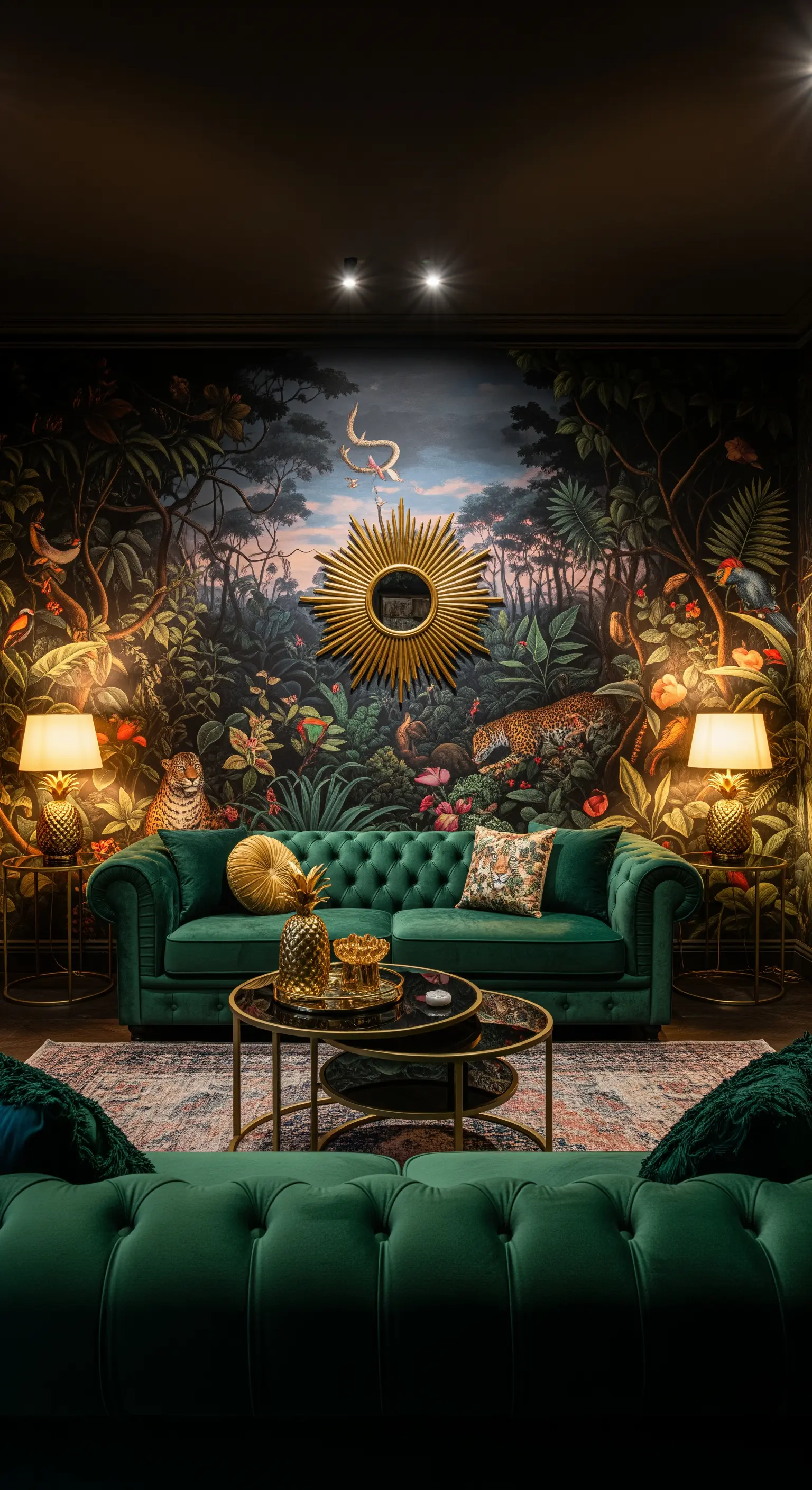 Soggiorno scuro e lussuoso con murale di una giungla notturna e divano Chesterfield verde smeraldo.
