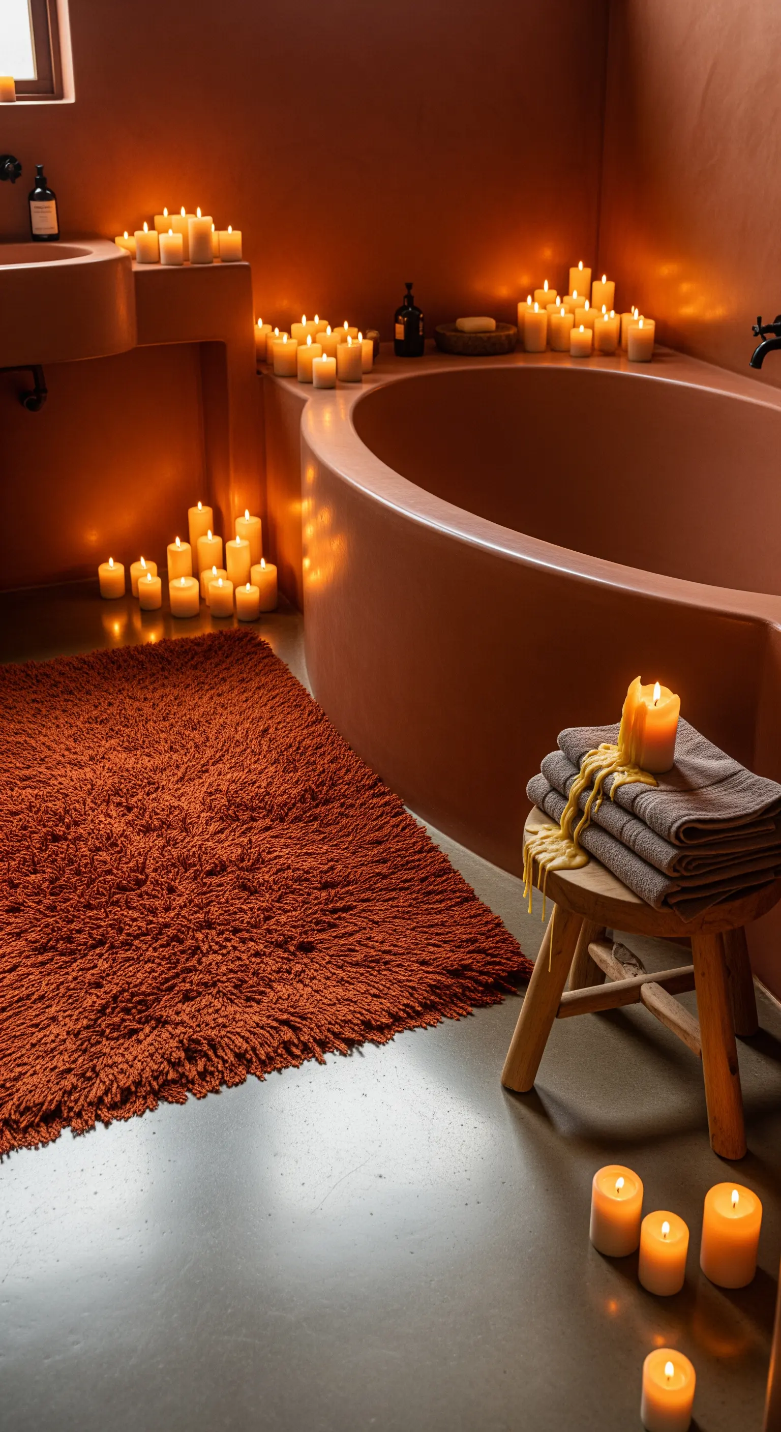 Bagno monocromatico color terracotta con tappeto a pelo lungo coordinato e molte candele.