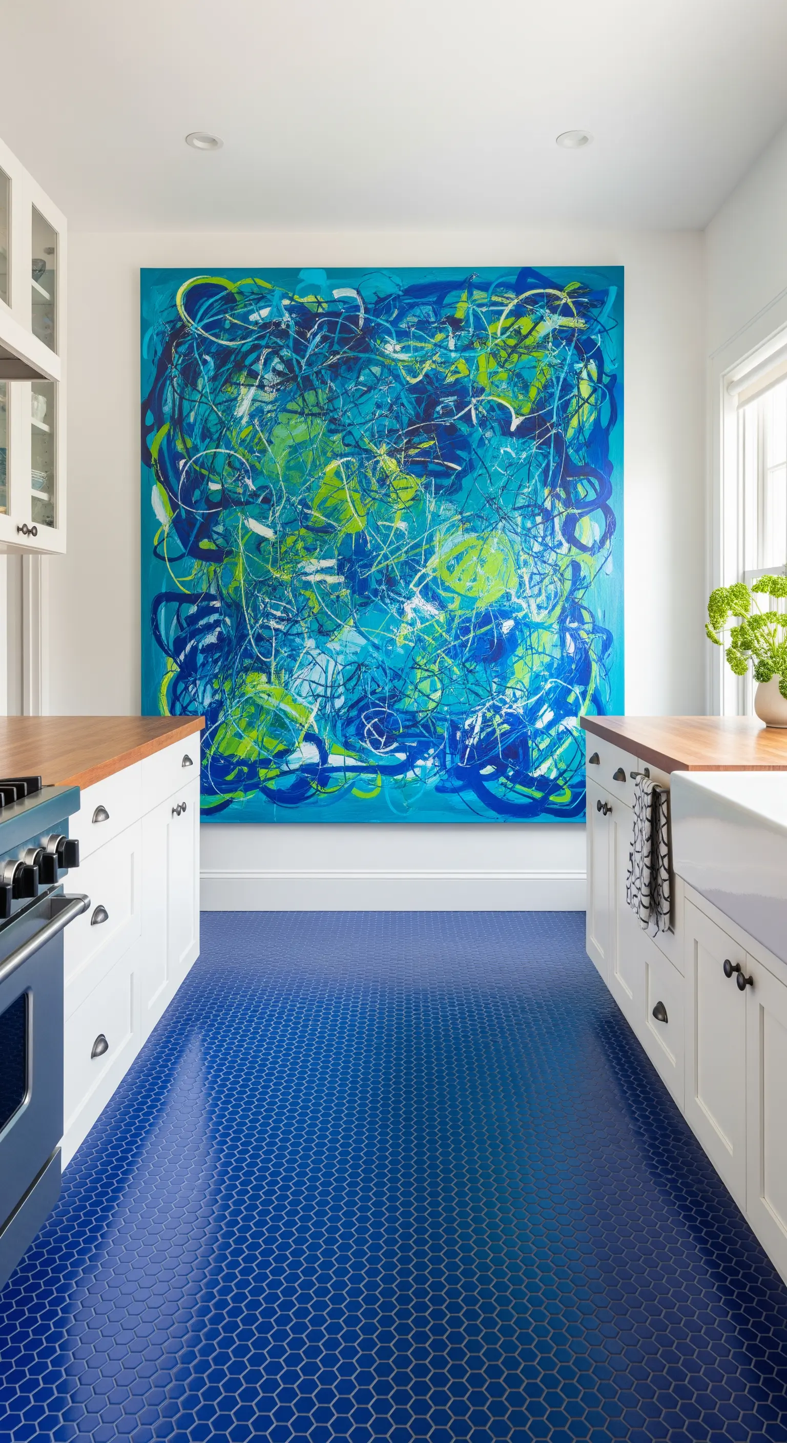 Cucina con pavimento blu esagonale e un grande quadro astratto nei toni del blu e verde.