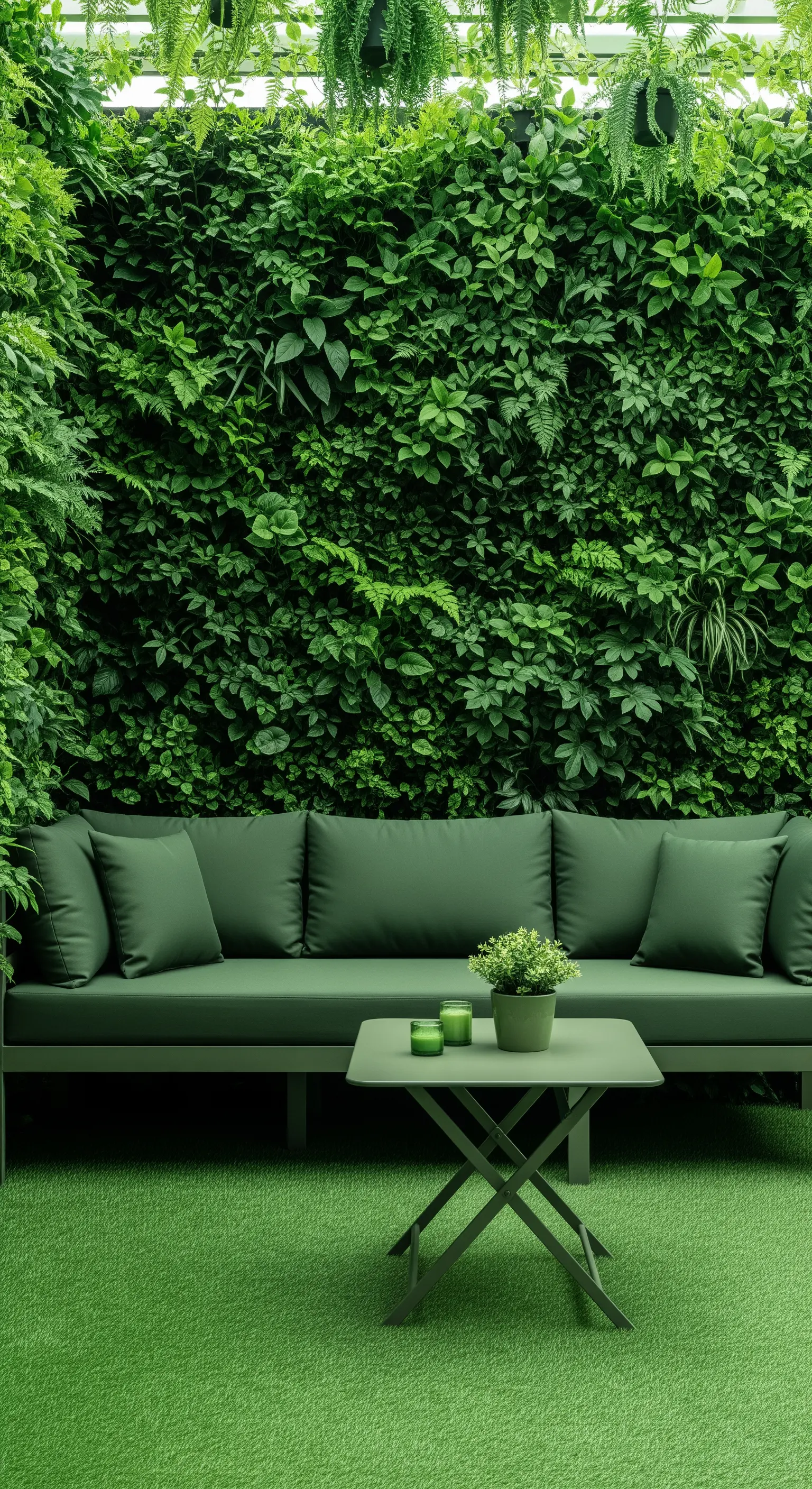 Patio interamente verde: parete vegetale, divano verde, tavolino e accessori verdi