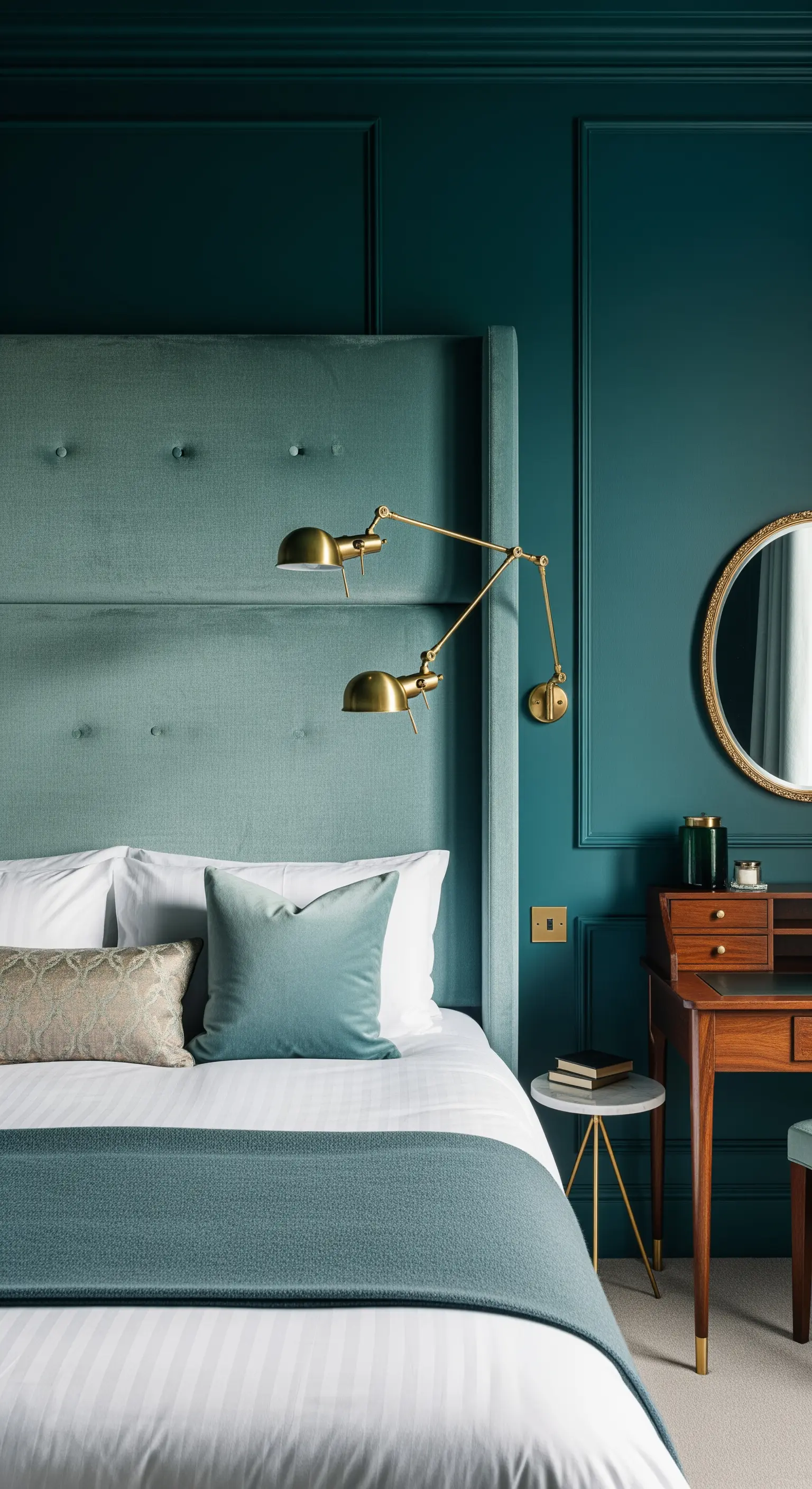Camera da letto monocromatica verde petrolio con testiera alta e lampade in ottone.