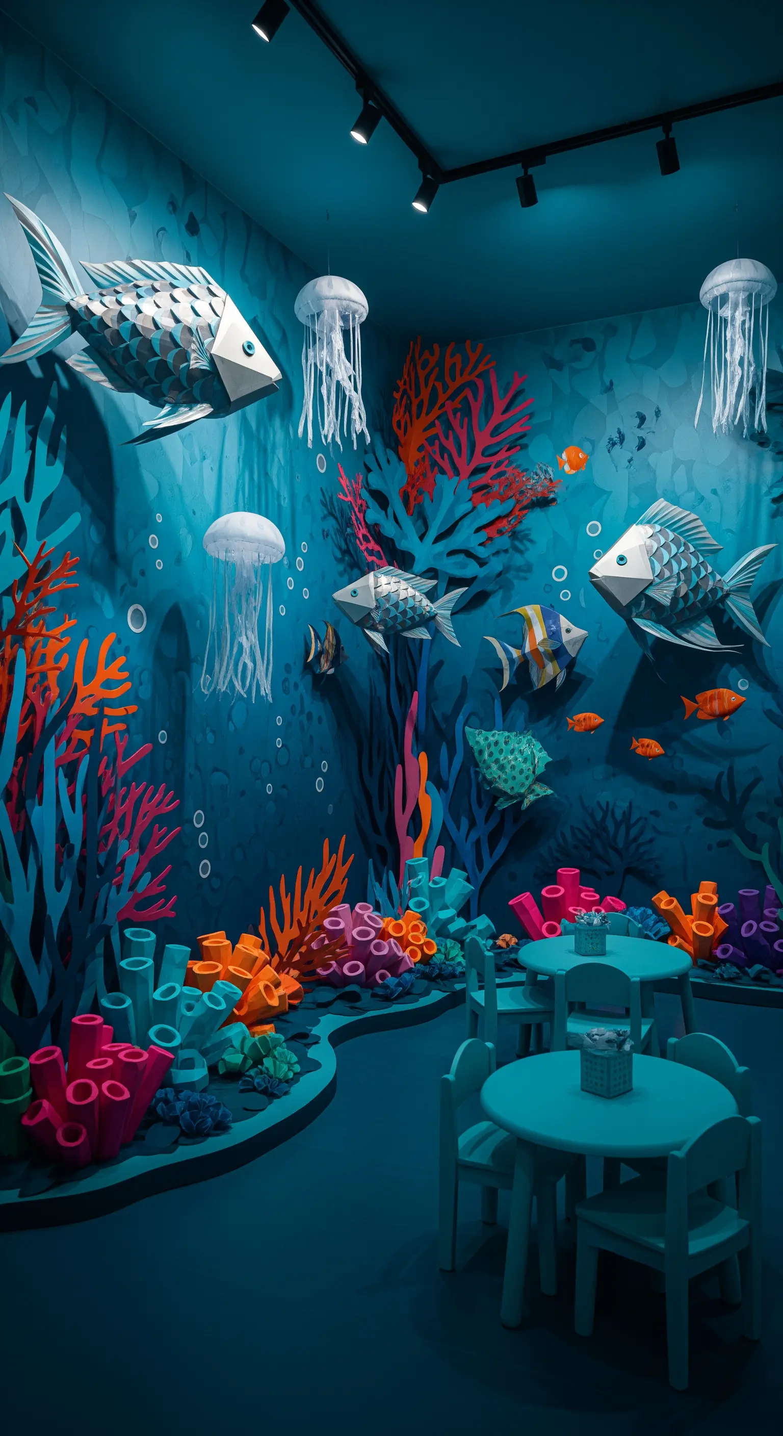 Stanza per bambini a tema sottomarino con pesci, coralli e meduse 3D in carta.