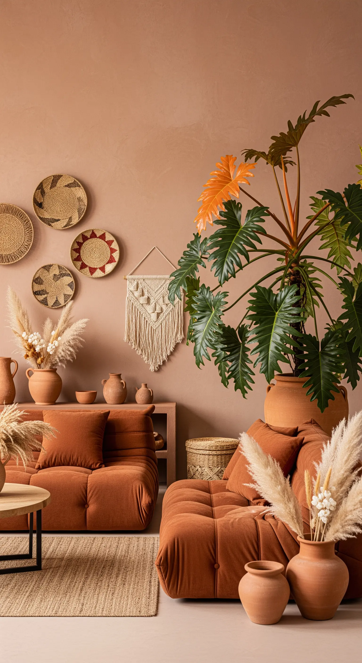 Un grande filodendro in un soggiorno con pareti e divani color terracotta e accessori etnici.