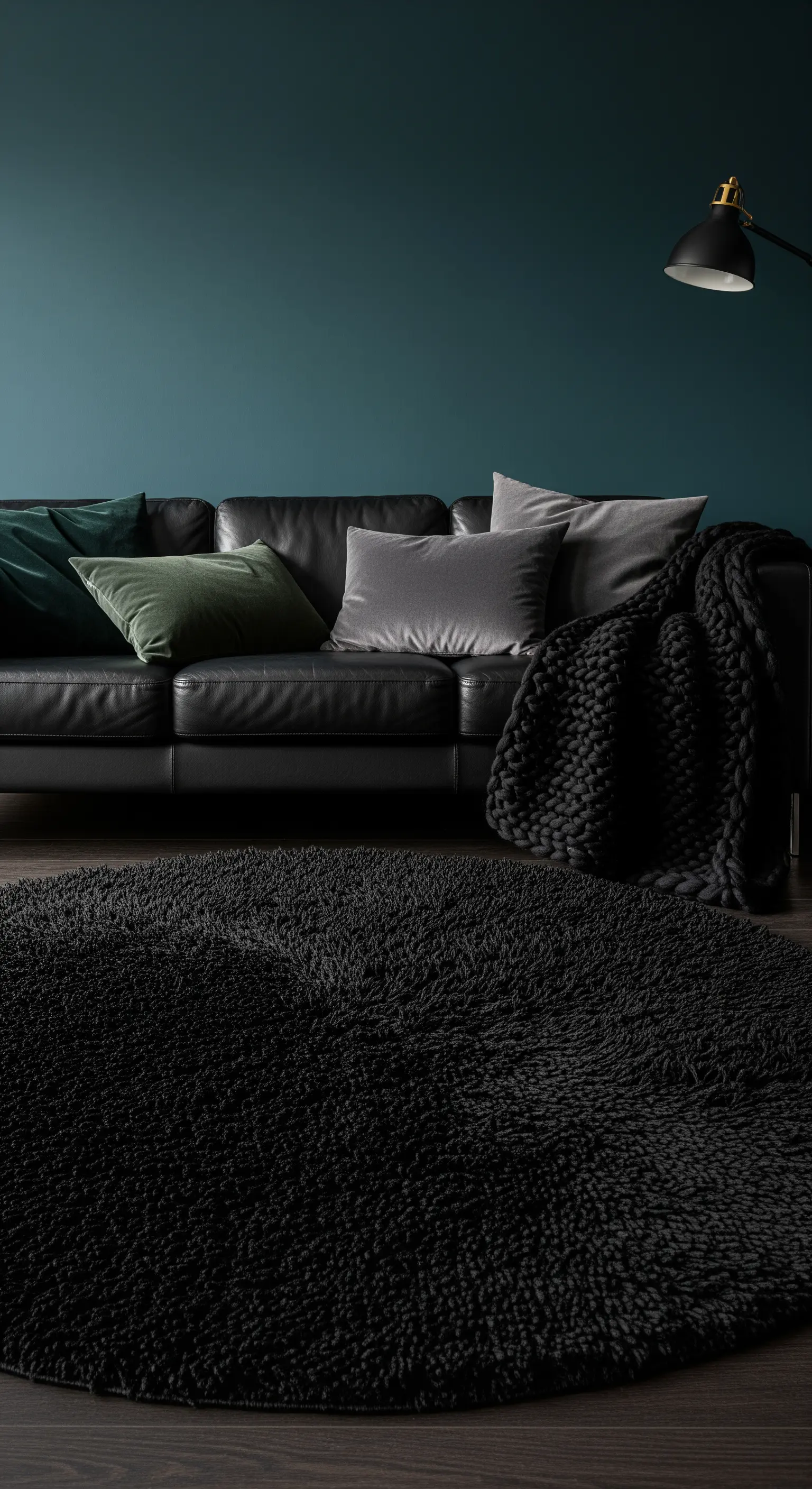 Divano in pelle nera davanti a una parete scura, con un tappeto rotondo nero a pelo lungo.