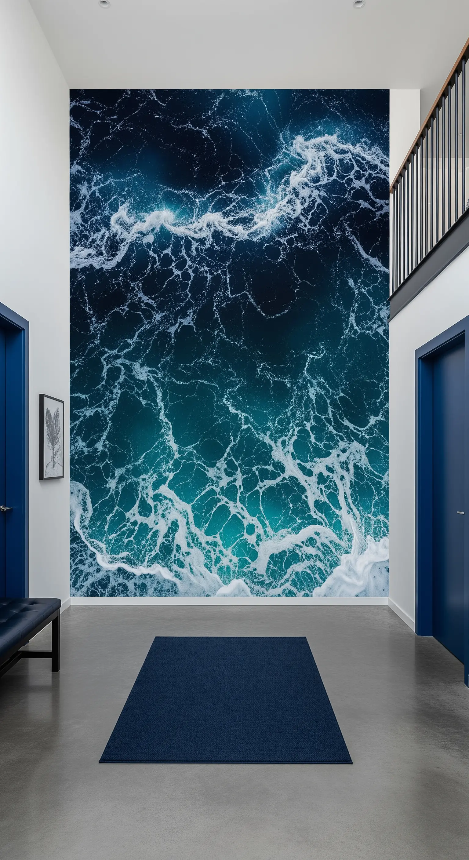 Ingresso con un'intera parete ricoperta da una foto dell'oceano e un tappeto blu profondo.