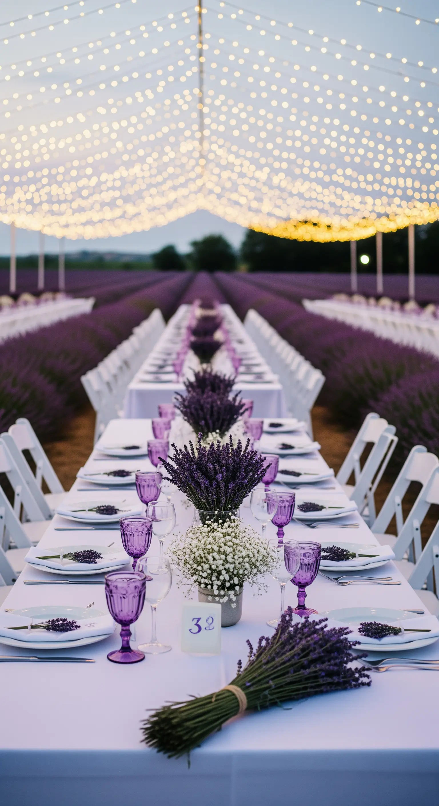 Lunghe tavolate bianche in un campo di lavanda, con decorazioni viola e un tetto di luci.