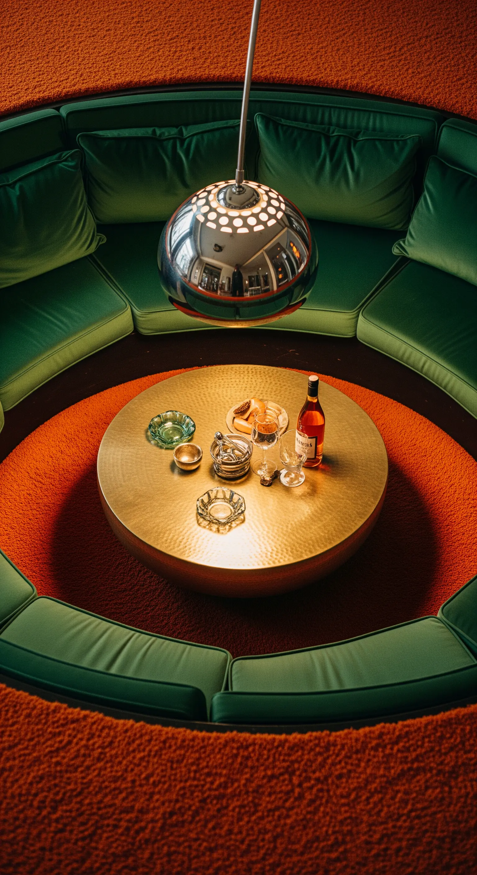 Conversation pit circolare con divano in velluto verde, tappeto arancione e tavolino in ottone.