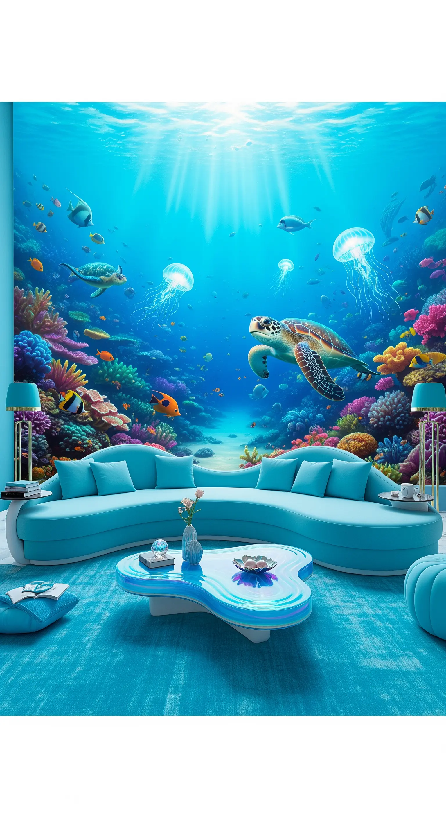 Soggiorno a tema sottomarino con murale di una barriera corallina e un divano curvo azzurro.
