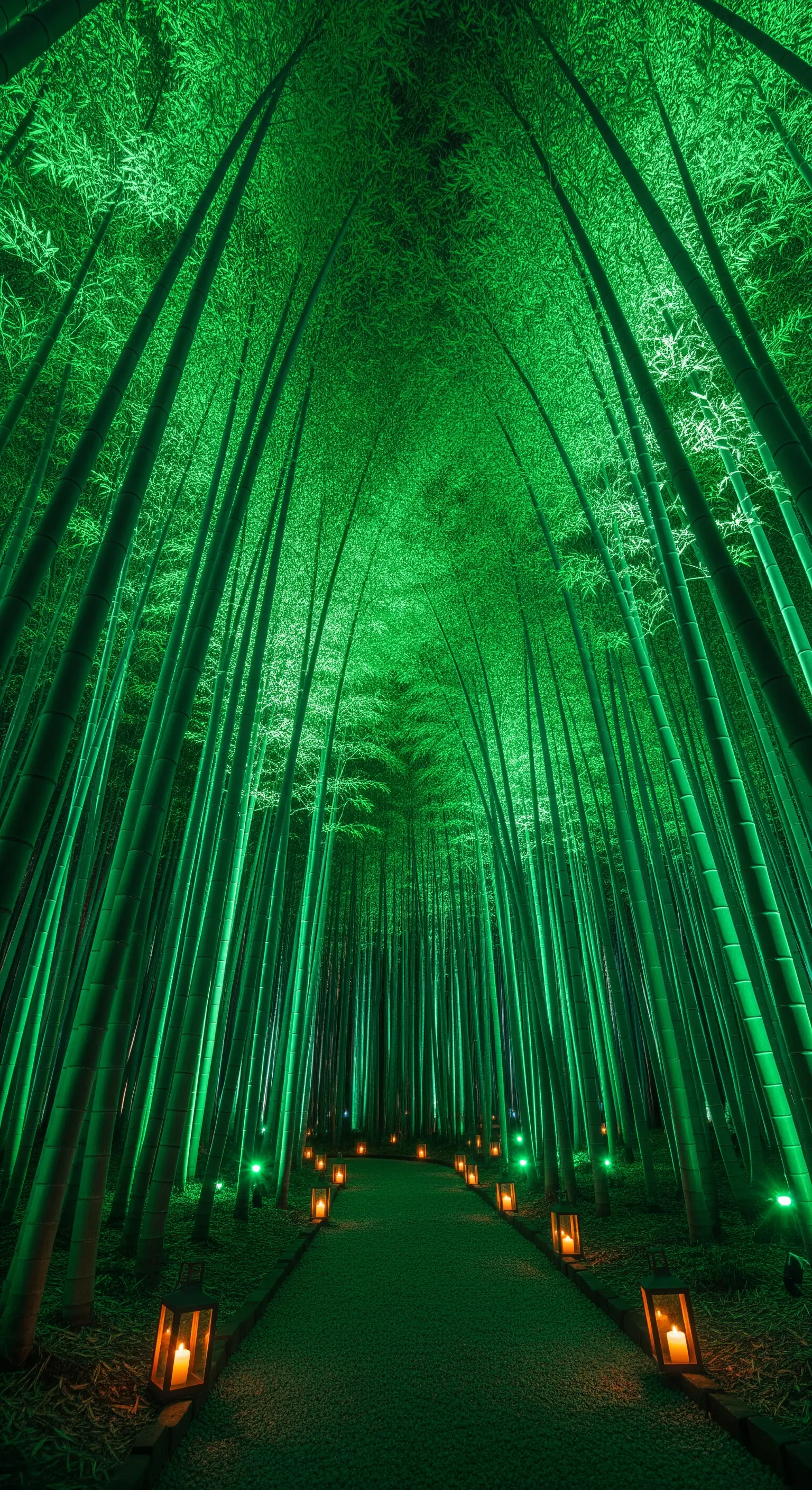 Sentiero in una foresta di bambù completamente illuminata da una luce verde intensa.