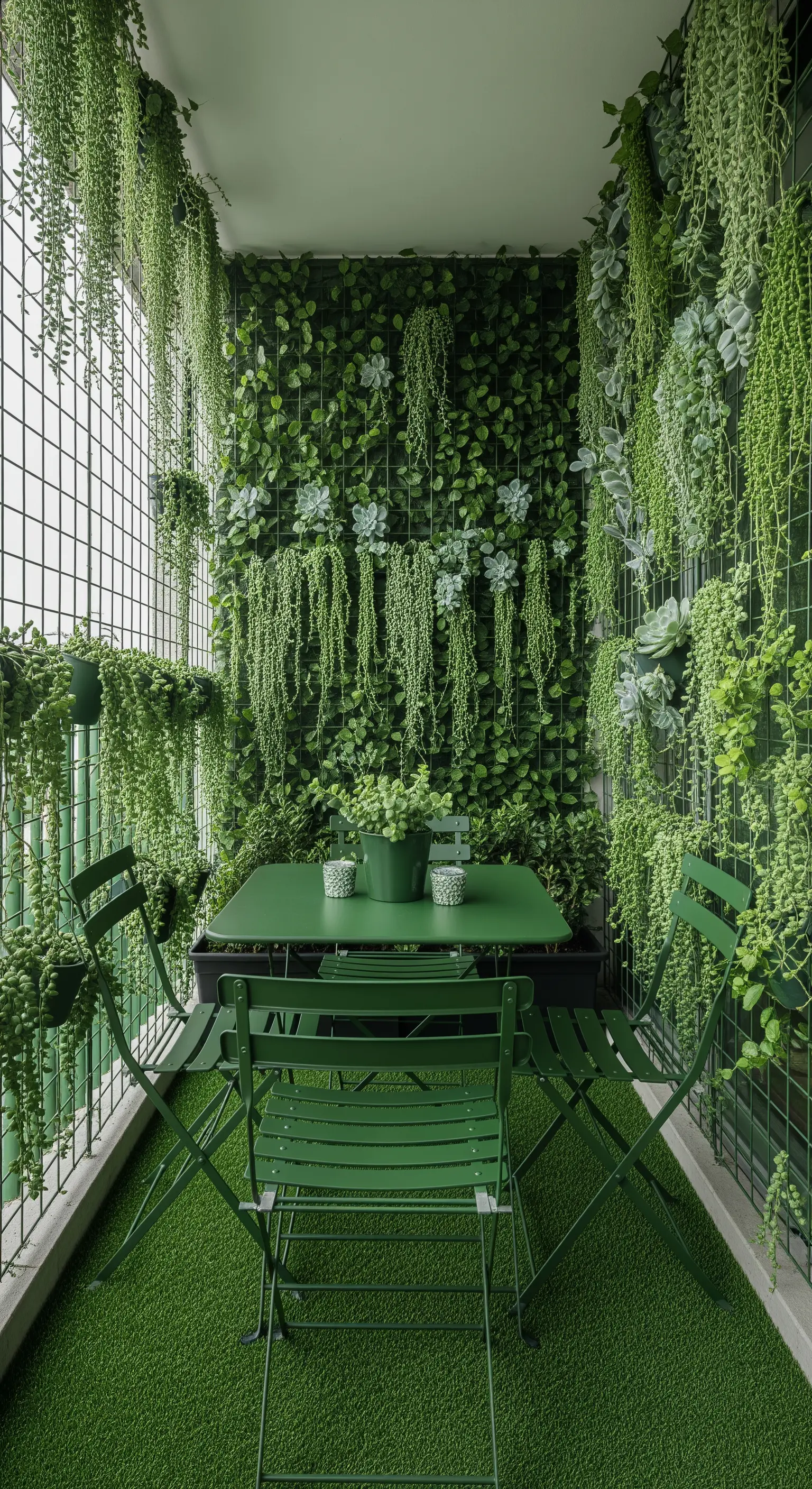 Balcone interamente ricoperto di piante verdi verticali, con arredi coordinati in verde scuro.