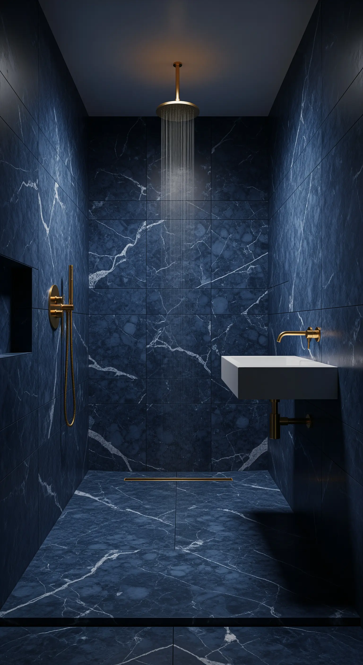 Cabina doccia interamente rivestita in marmo blu notte, con soffione a pioggia dorato.