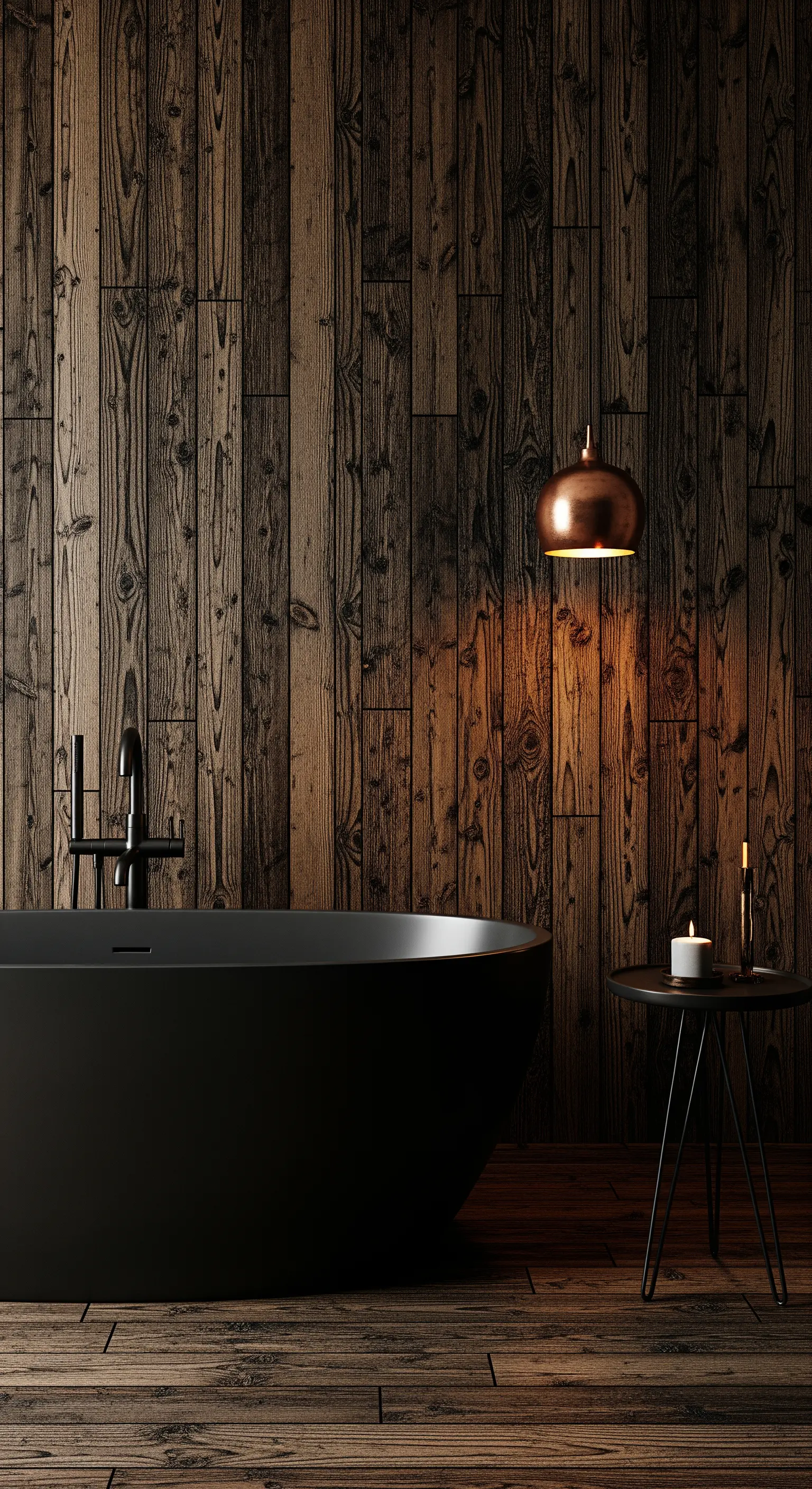 Bagno scuro con pareti in legno, vasca nera opaca e lampada in rame.