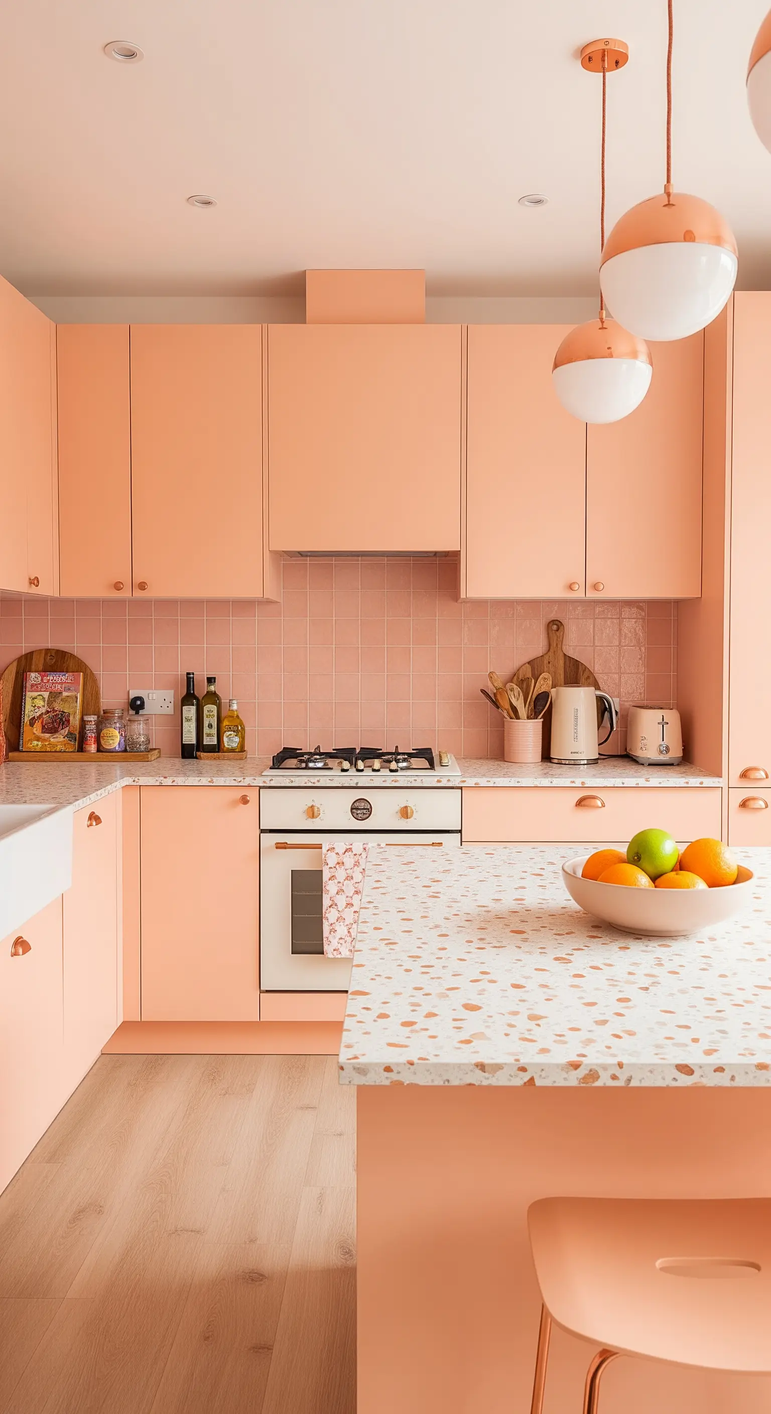 Cucina monocromatica color pesca con top in terrazzo e lampade sferiche.