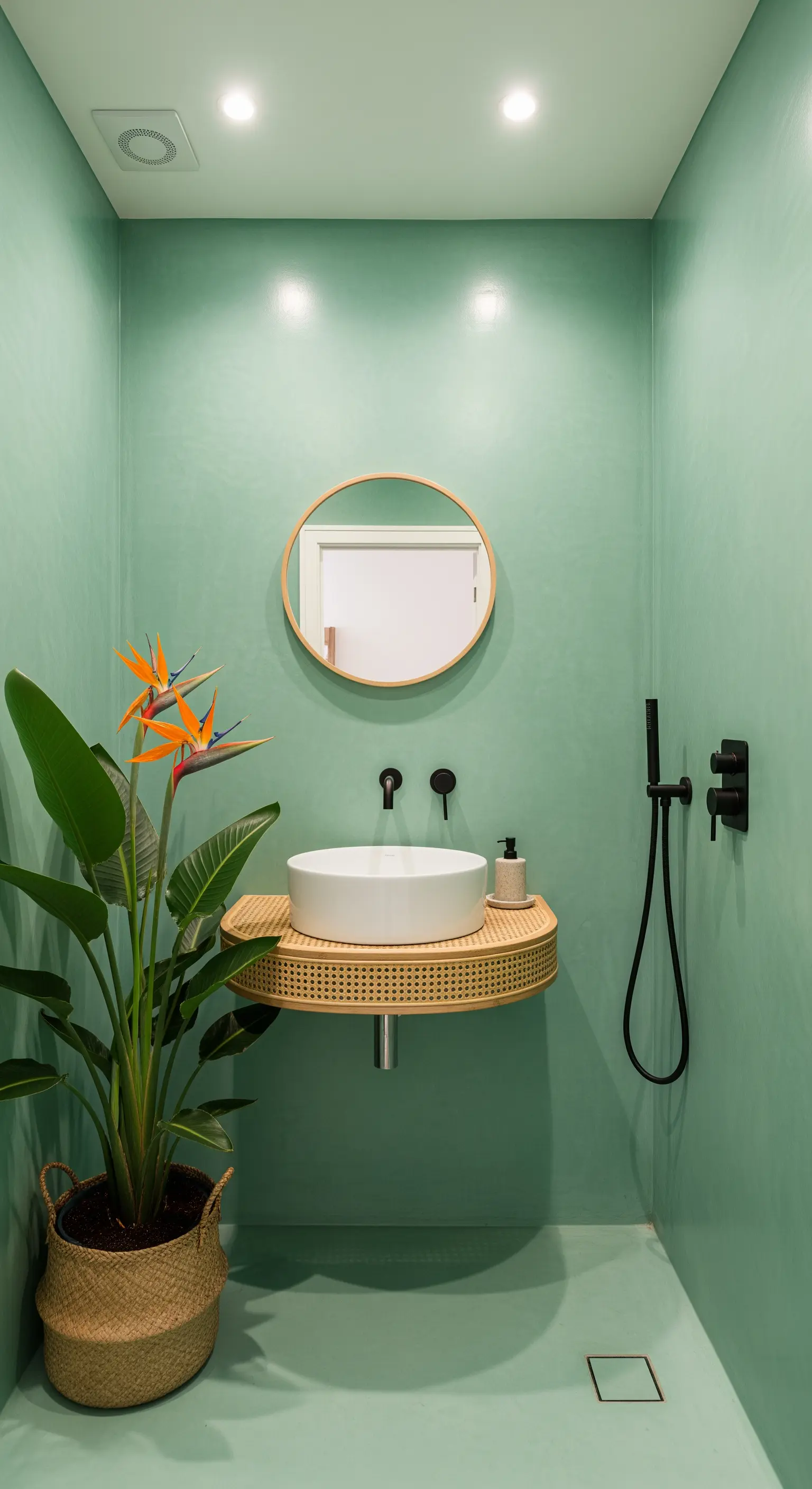 Bagno monocromatico verde menta con lavabo sospeso in rattan e una grande pianta.