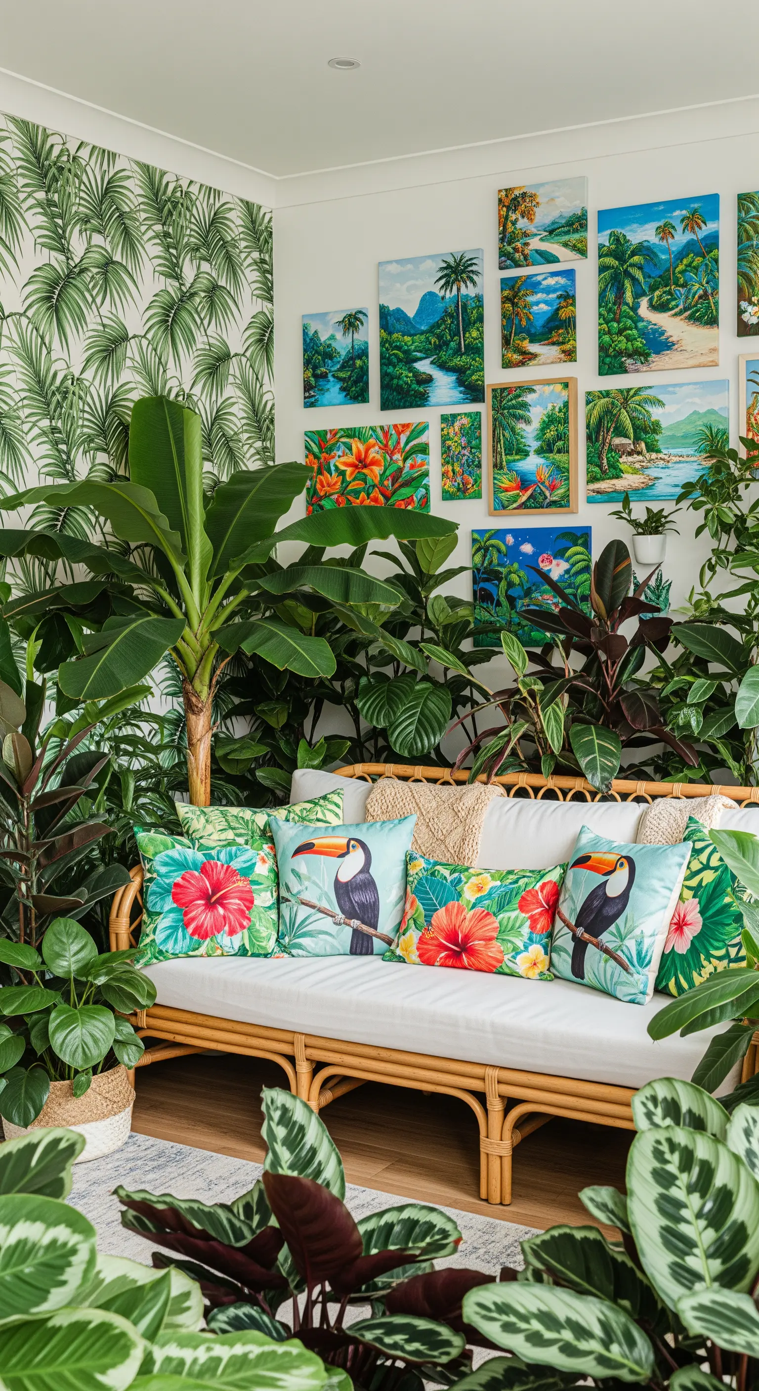 Angolo tropicale con divano in rattan, cuscini a tema, carta da parati a palme e piante rigogliose.