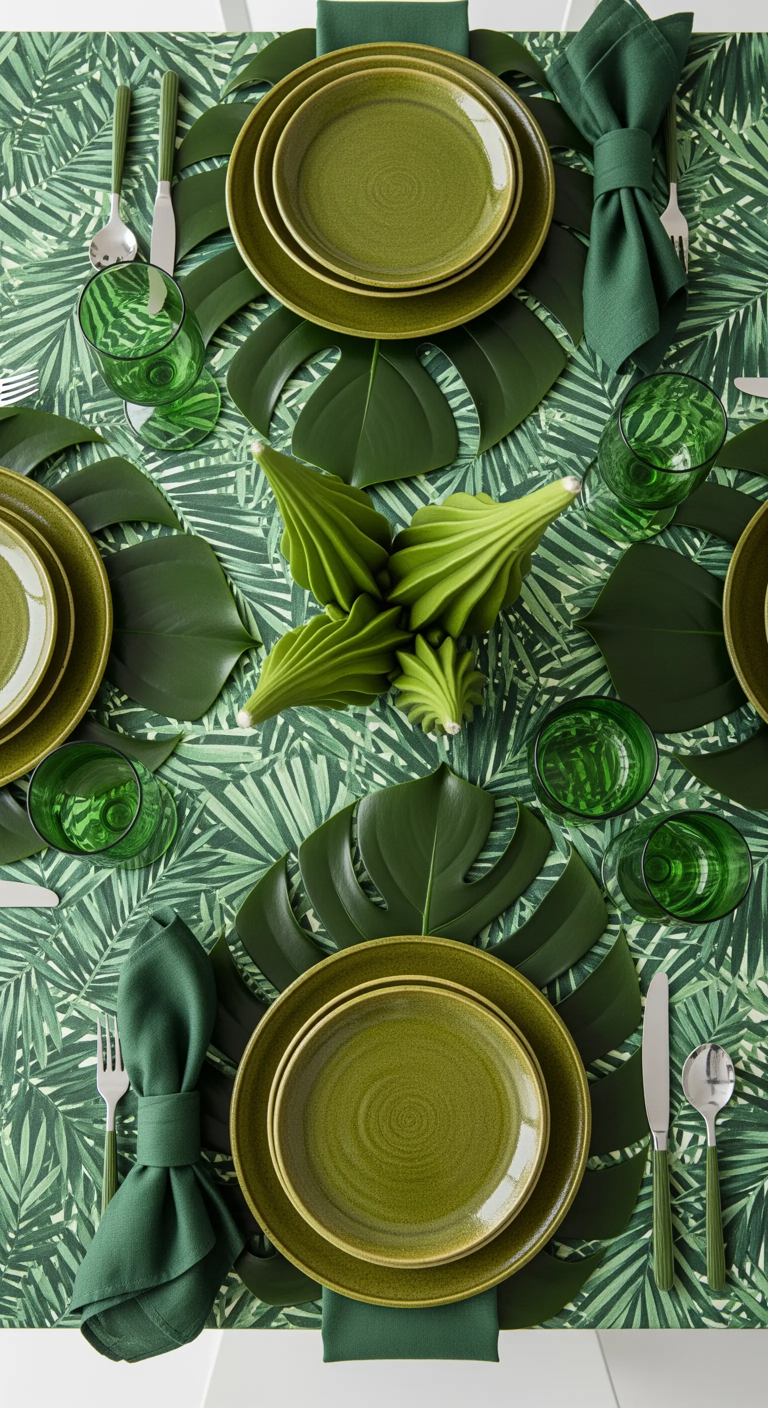 Tavola monocromatica verde con tovaglia a foglie di palma e foglie di monstera.
